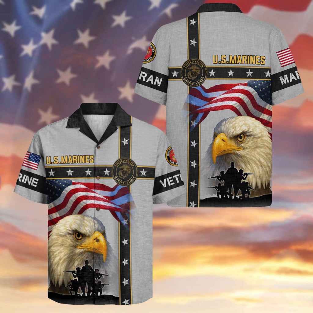 Eagle USMC Veteran 250 Years Anniversary Hawaiian Shirt USA Flag Aloha Shirt Military Gifts