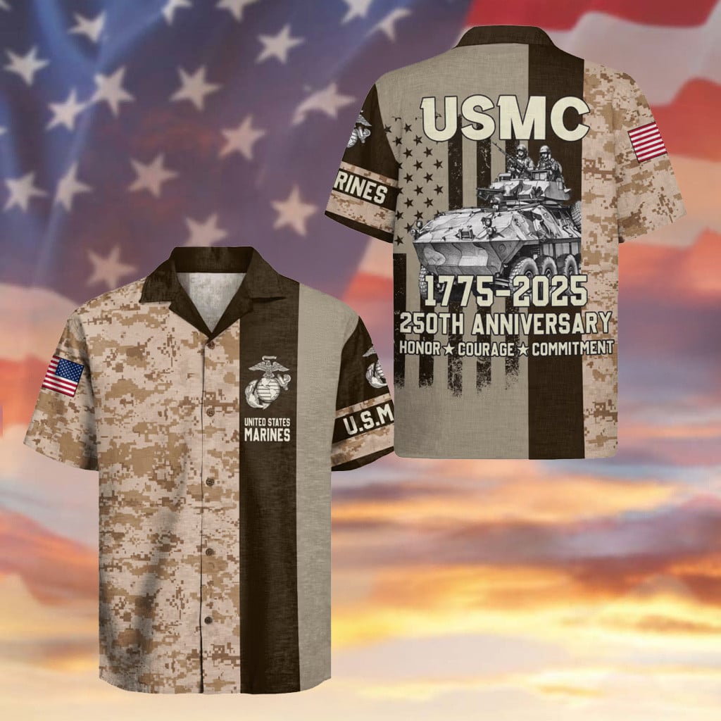 USMC Veteran Hawaiian Shirt 250 Years Honor Courage Commitment Camo Patriotic Shirt Gifts