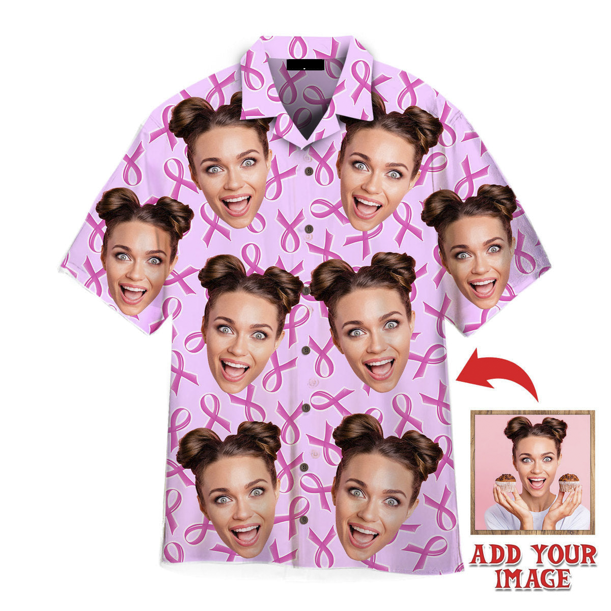 Custom Face On Pink Ribon Breast Cancer Custom Hawaiian Shirt, Personalized Hawaiian Shirts, Custom Photo Hawaiian Shirt
