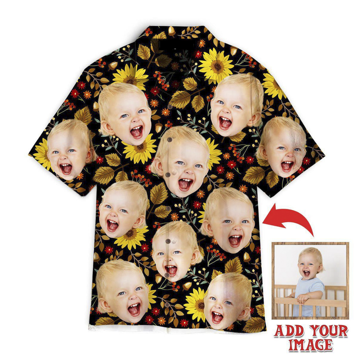 Custom Funny Face Autumn Sunflowers Thanksgiving Custom Hawaiian Shirt, Personalized Hawaiian Shirts, Custom Photo Hawaiian Shirt