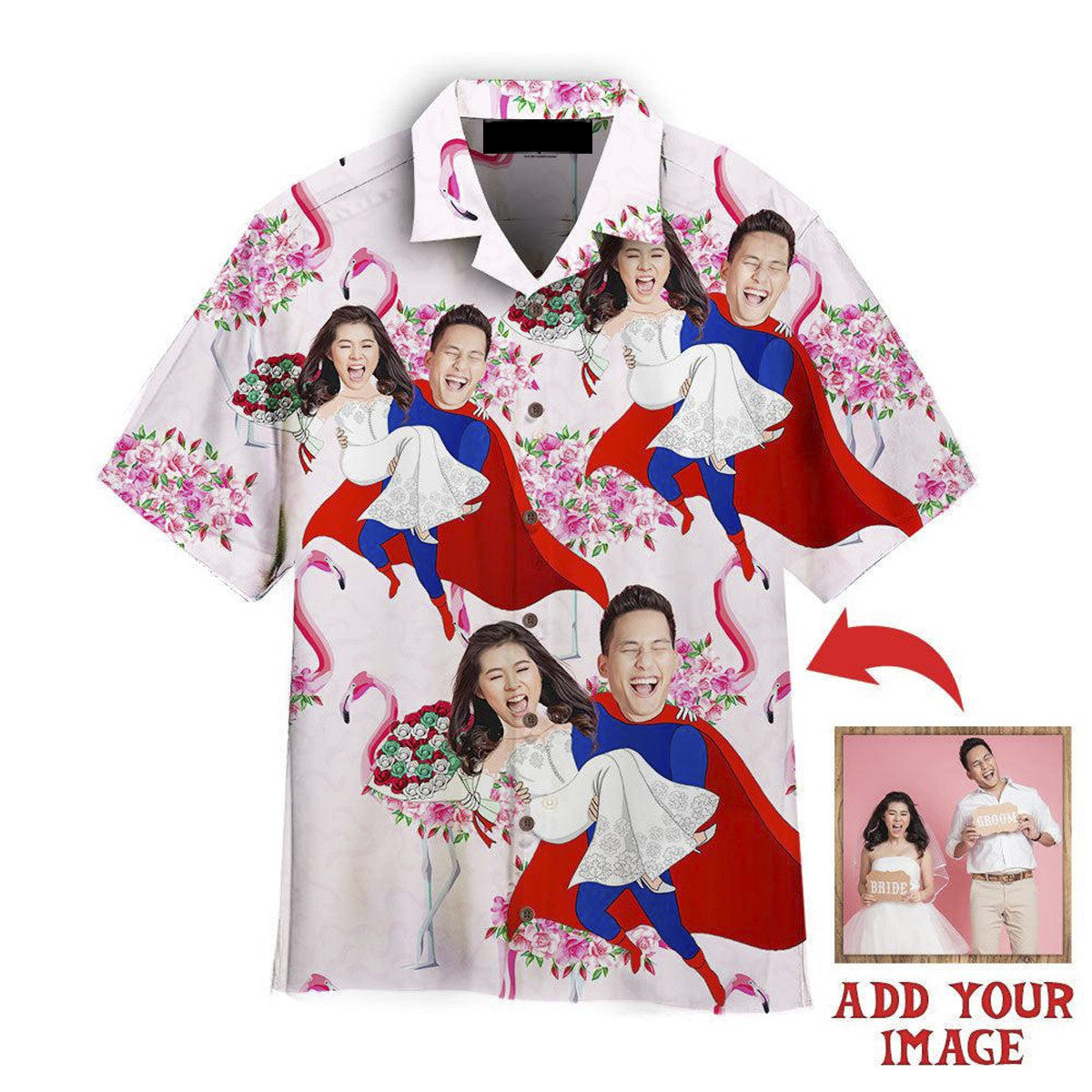 Funny Custom Face Beautiful Happy Wedding Couple Pink Flamingo Custom Hawaiian Shirt, Personalized Hawaiian Shirts, Custom Photo Hawaiian Shirt