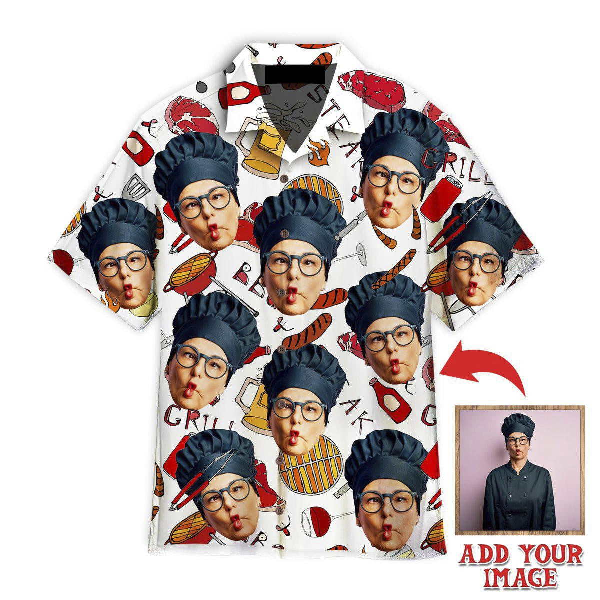 Funny Custom Face Chef BBQ Grill Party Custom Hawaiian Shirt, Personalized Hawaiian Shirts, Custom Photo Hawaiian Shirt