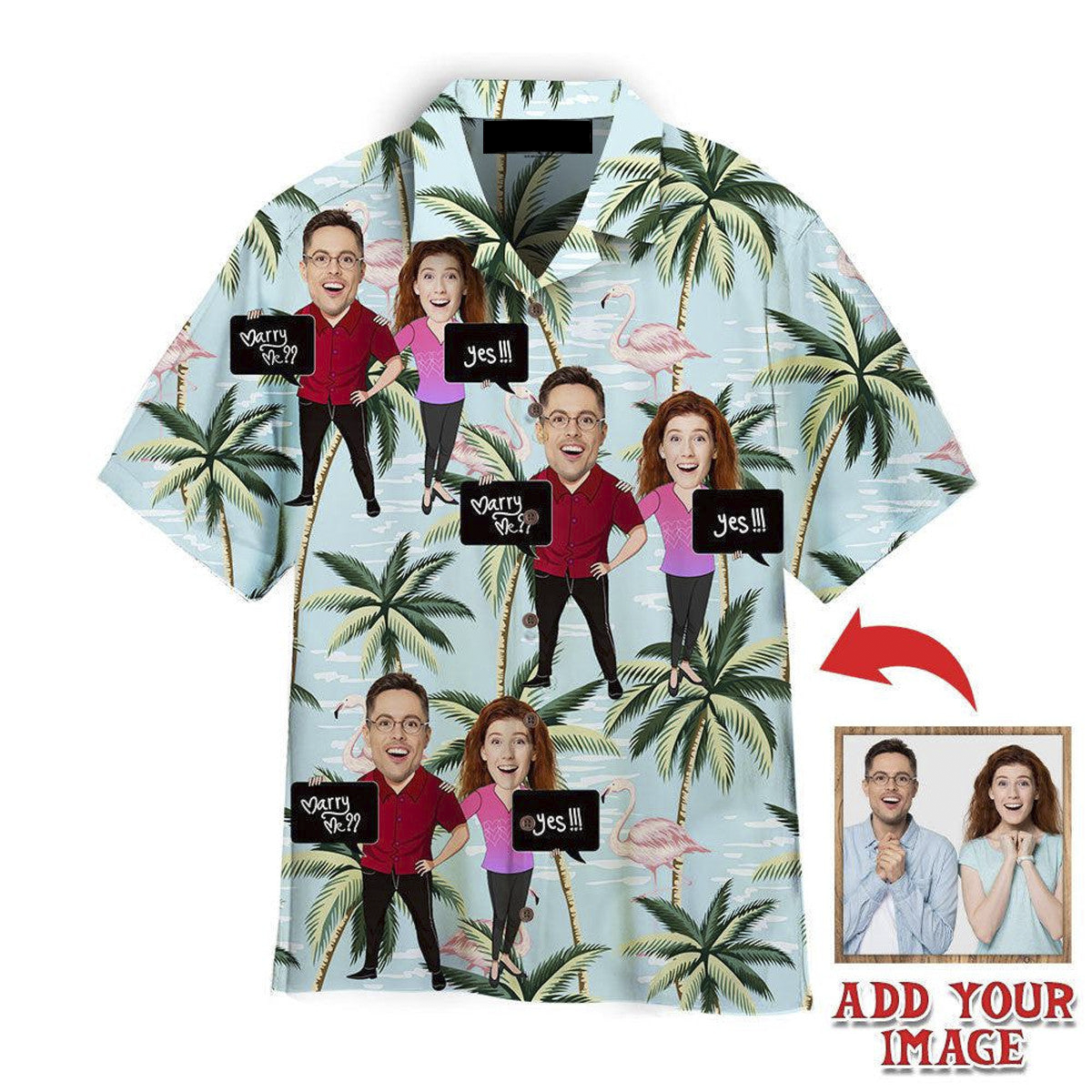 Funny Custom Face Couple With Marry Me Flamingo Palm Tree Custom Hawaiian Shirt, Personalized Hawaiian Shirts, Custom Photo Hawaiian Shirt