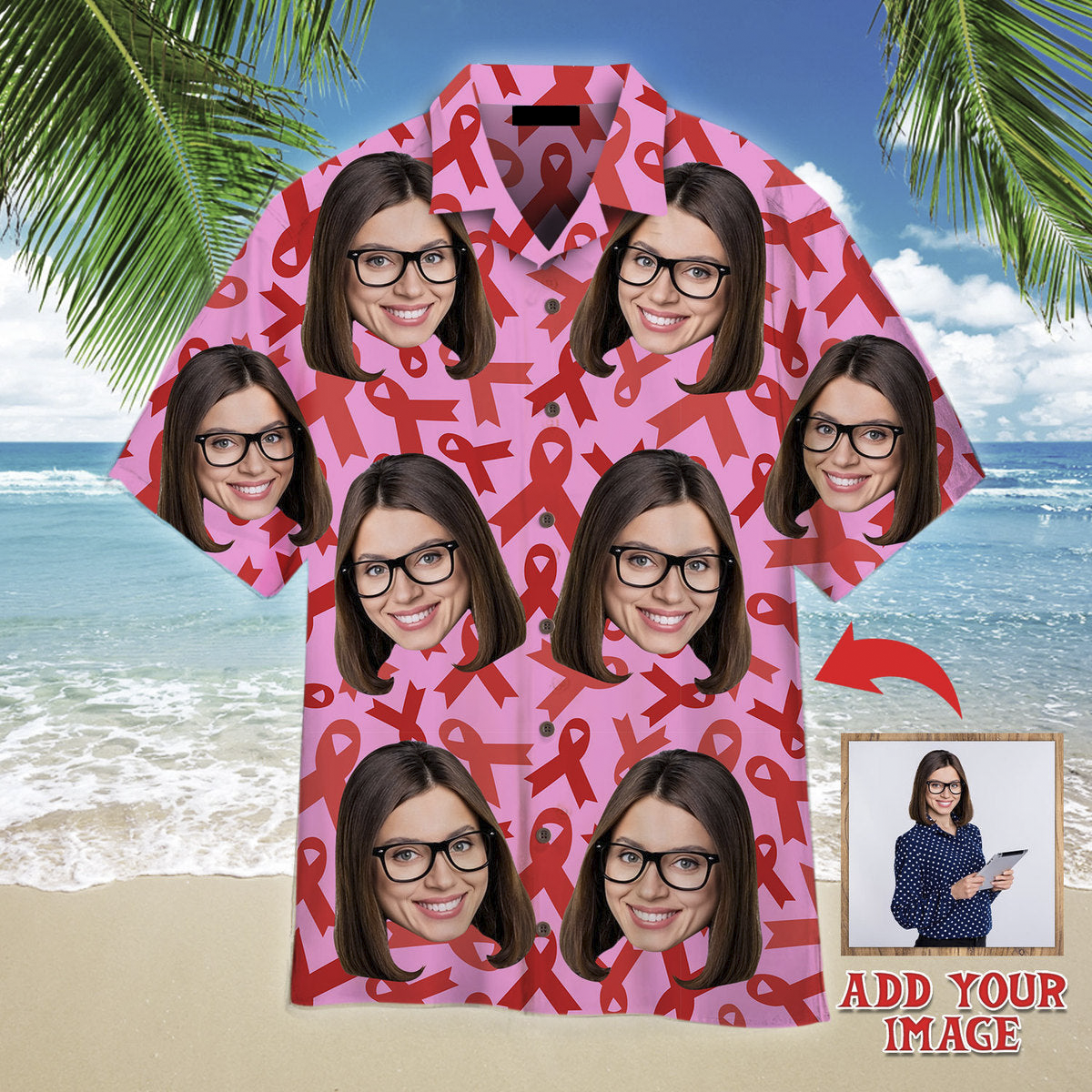 Custom Face On Pink Breast Cancer Awareness Custom Hawaiian Shirt, Personalized Hawaiian Shirts, Custom Photo Hawaiian Shirt