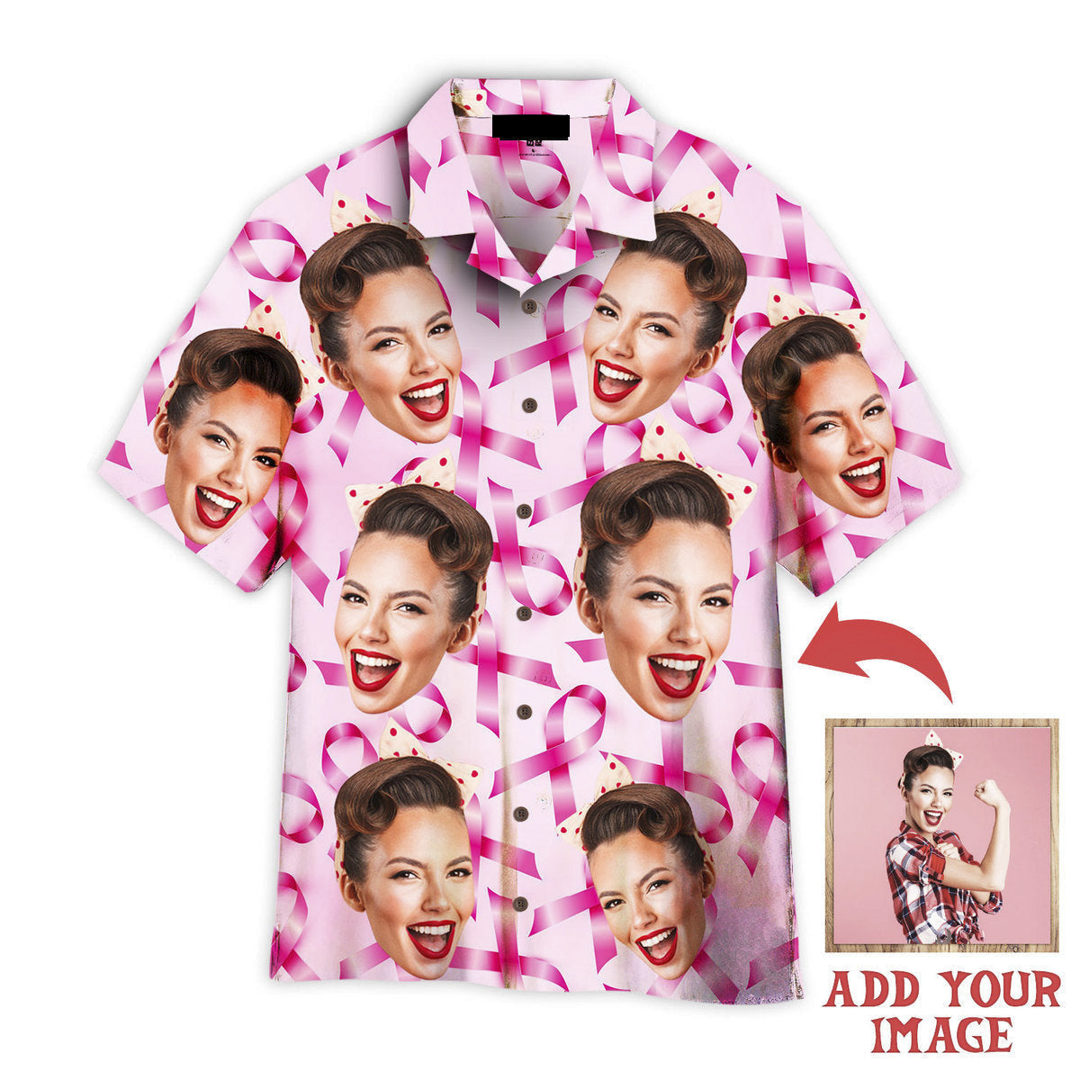 Custom Face On Breast Cancer Ribbons Awareness Custom Hawaiian Shirt, Personalized Hawaiian Shirts, Custom Photo Hawaiian Shirt