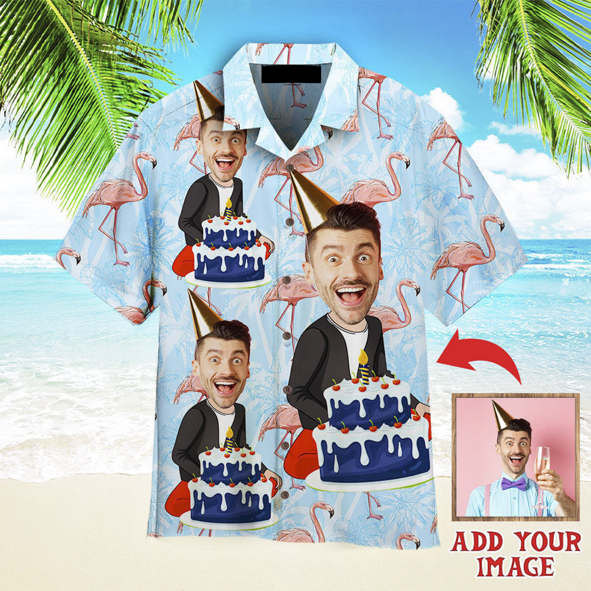 Funny Custom Face Happy Birthday Guy Flamingo On Blue Tropical Custom Hawaiian Shirt, Personalized Hawaiian Shirts, Custom Photo Hawaiian Shirt