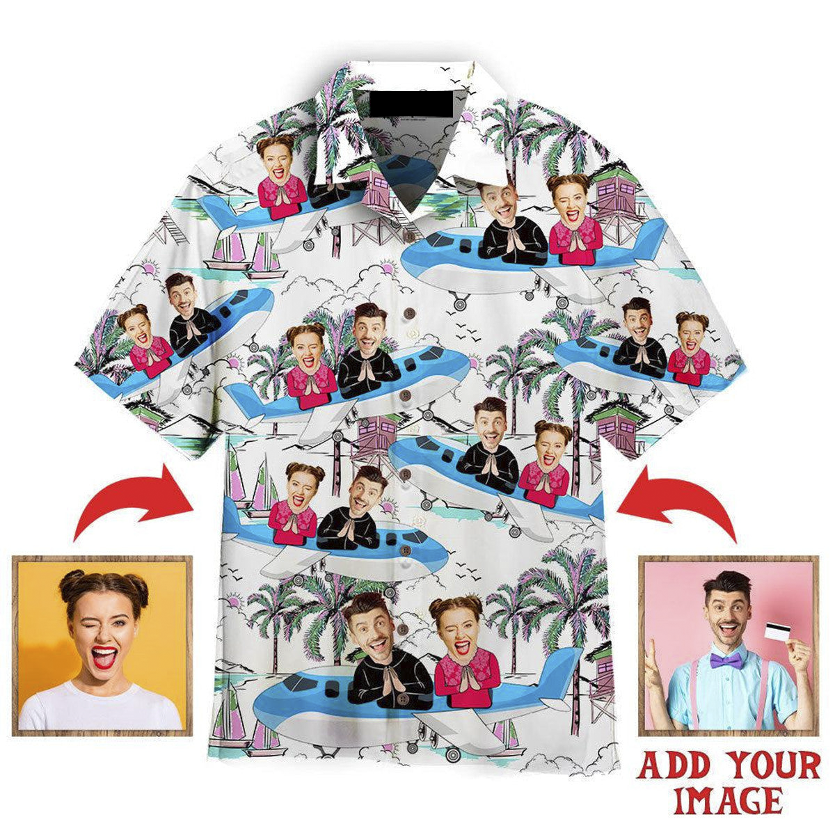 Funny Custom Face Flying With Me On Island Custom Hawaiian Shirt, Personalized Hawaiian Shirts, Custom Photo Hawaiian Shirt