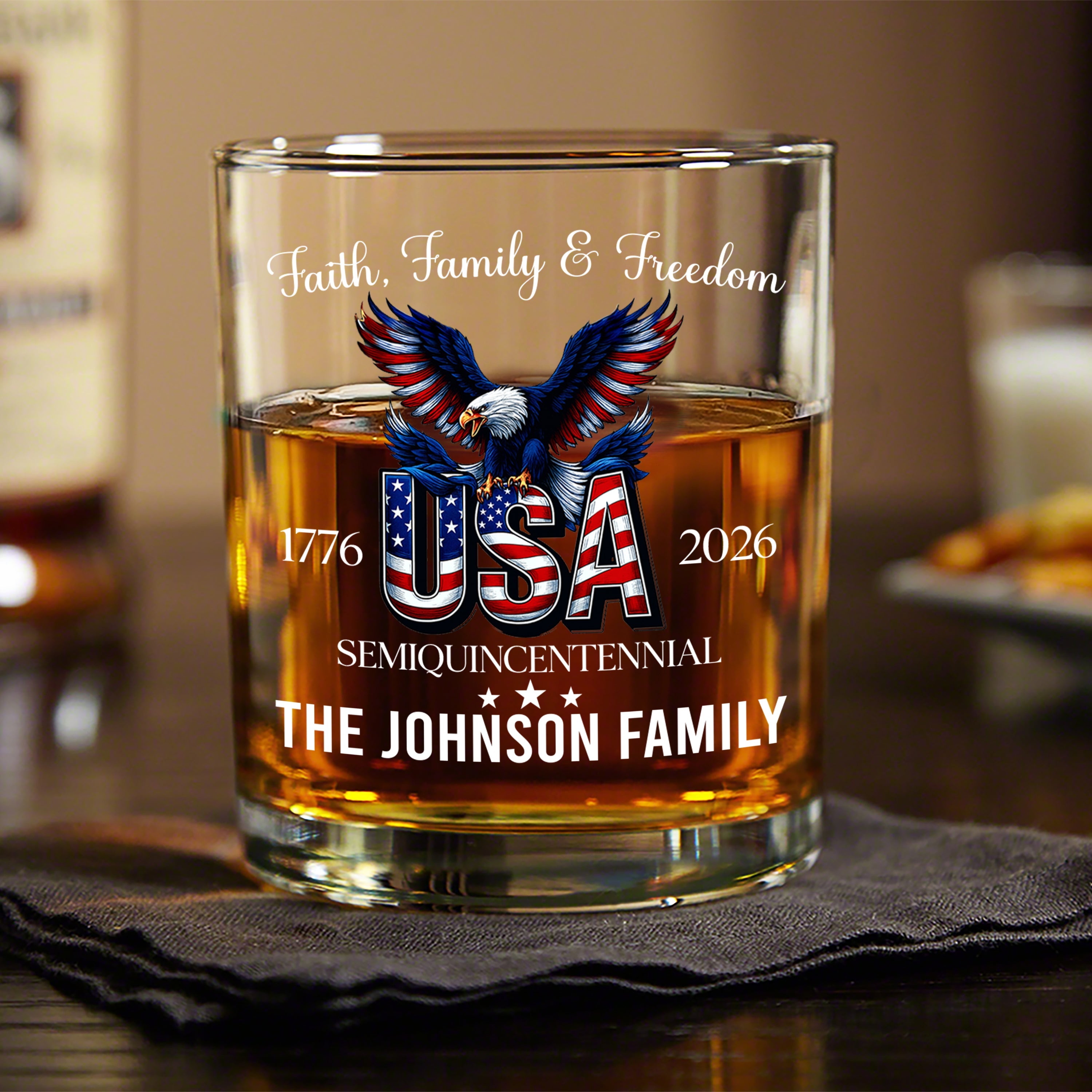 Custom Name Faith, Family & Freedom America 250 Years Patriotic Whiskey Glass LM32 897719