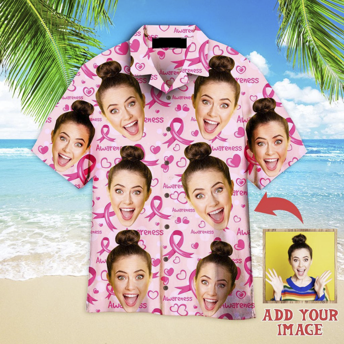 Custom Face Ribbons Hearts Breast Cancer Custom Hawaiian Shirt, Personalized Hawaiian Shirts, Custom Photo Hawaiian Shirt