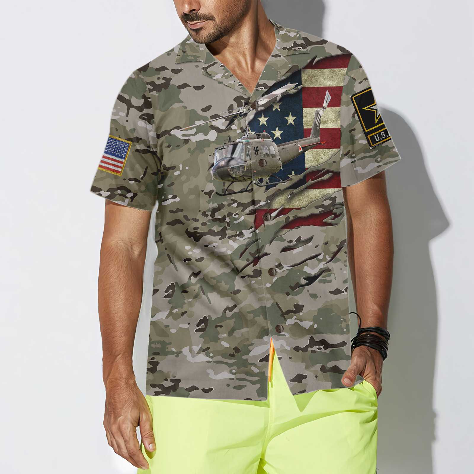 3D Helicopter Camouflage Hawaiian Shirt, American Flag Aloha Shirt For Men, Proud Helicopter Gift Idea For Patriot, Friends, Husband, Boyfriend