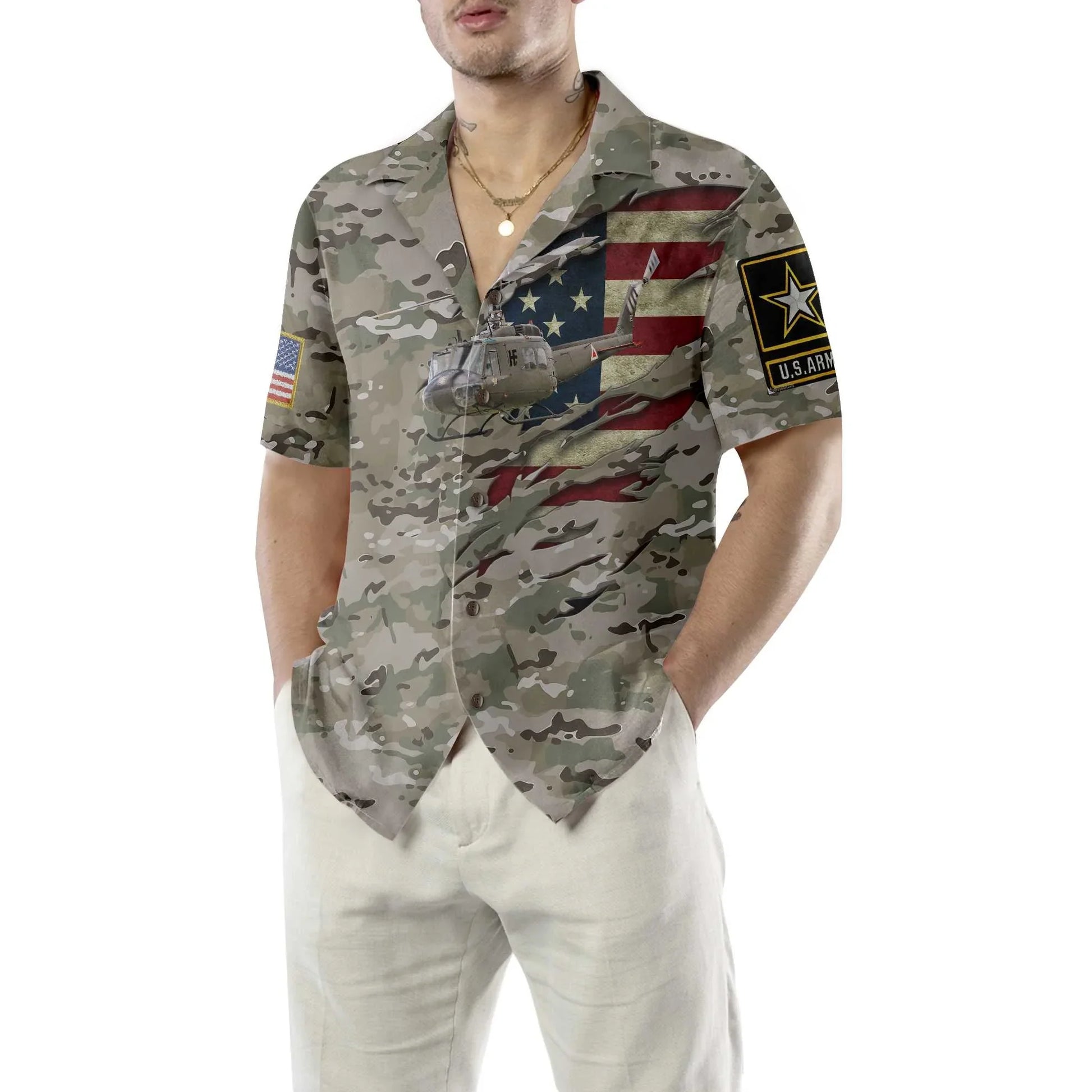 3D Helicopter Camouflage Hawaiian Shirt, American Flag Aloha Shirt For Men, Proud Helicopter Gift Idea For Patriot, Friends, Husband, Boyfriend