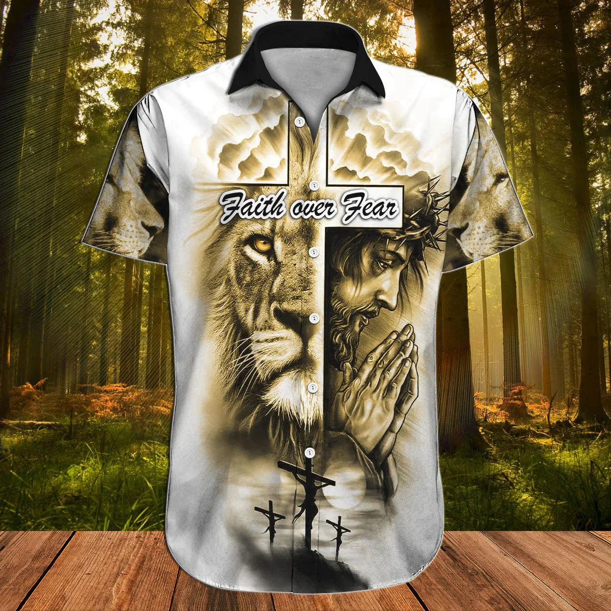 Jesus Hawaiian Shirt, God, Lion, Cross, Faith Over Fear, Way Maker Miracle Worker Aloha Shirt - Summer Gift For Christians, Men, Women