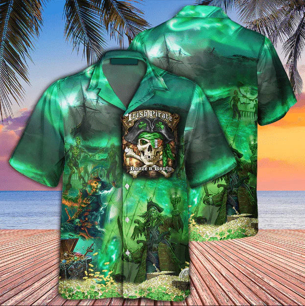 Irish Pirate Booze And Booty Hawaiian Shirt, Patrick's Day Aloha Shirt - Summer Gift For Men, Women
