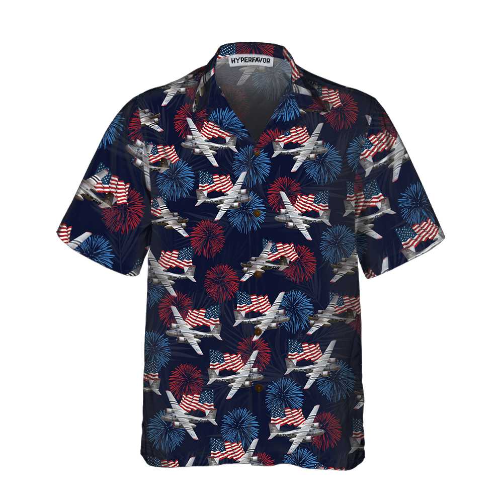 A-26 Invader Aircraft American Flag Firework Hawaiian Shirt, Military Airplane Aloha Shirt For Men, Perfect Gift For Patriots, Friends, Husband, Boyfriend, Family