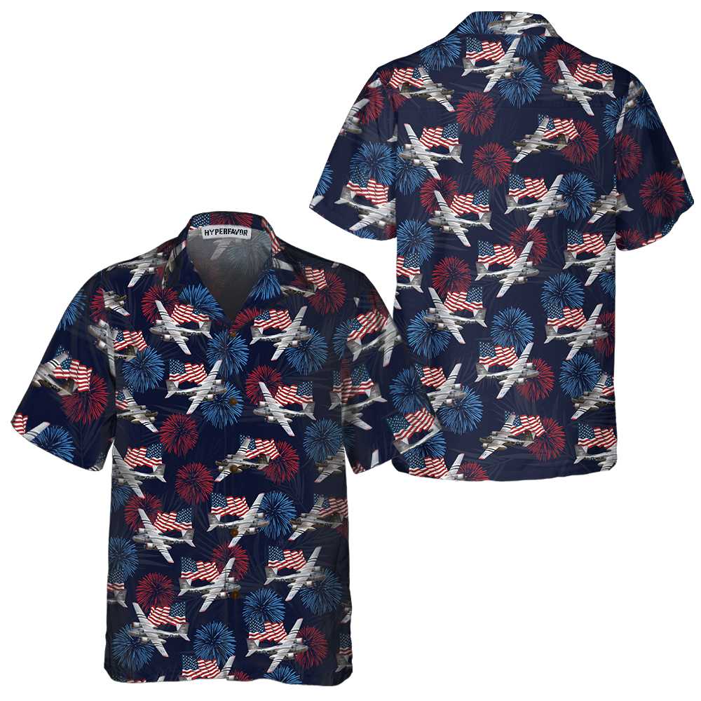 A-26 Invader Aircraft American Flag Firework Hawaiian Shirt, Military Airplane Aloha Shirt For Men, Perfect Gift For Patriots, Friends, Husband, Boyfriend, Family