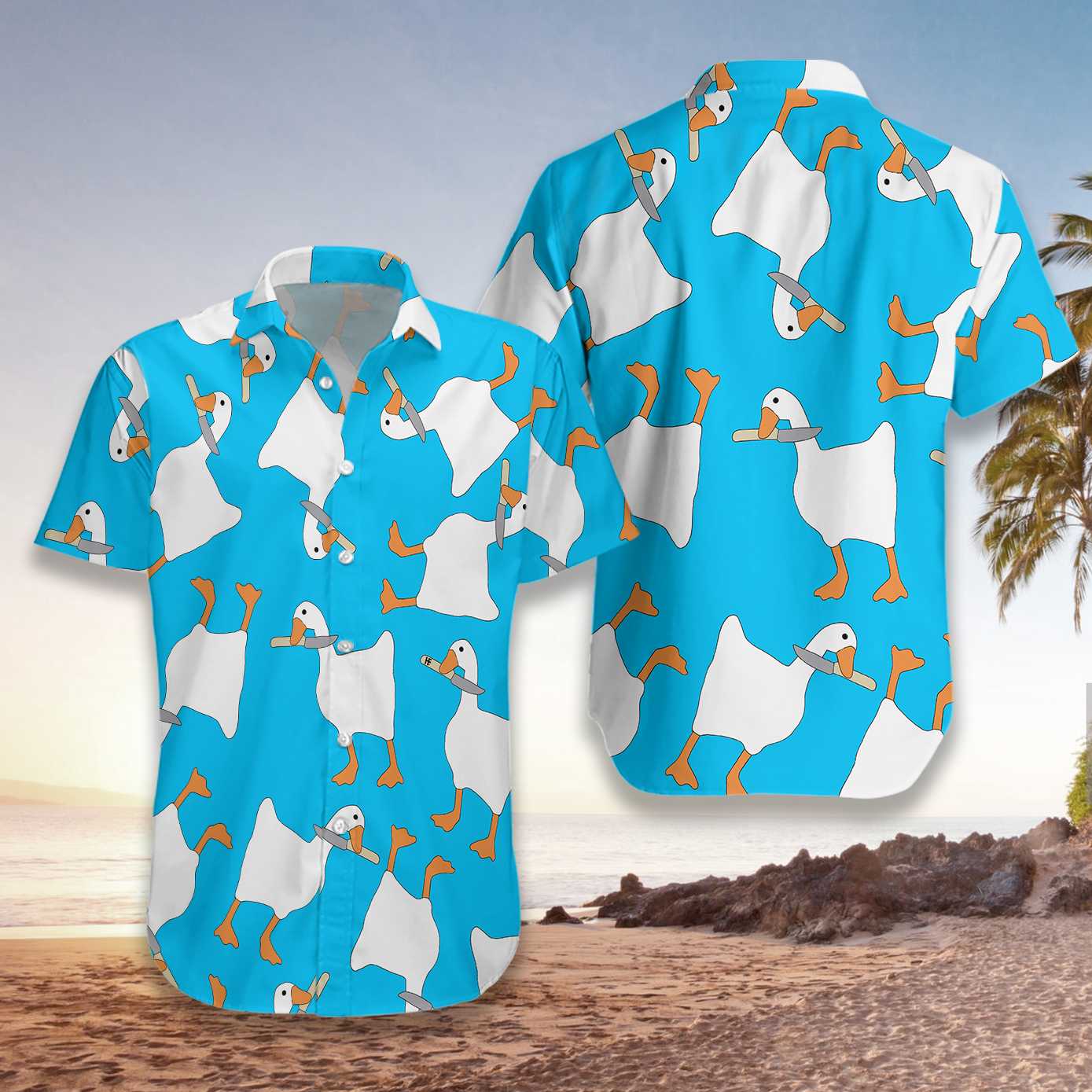 A Dangerous Duck With Knife Hawaiian Shirt, Duck Pattern Aloha Shirt For Men, Perfect Gift For Friends, Husband, Boyfriend, Family
