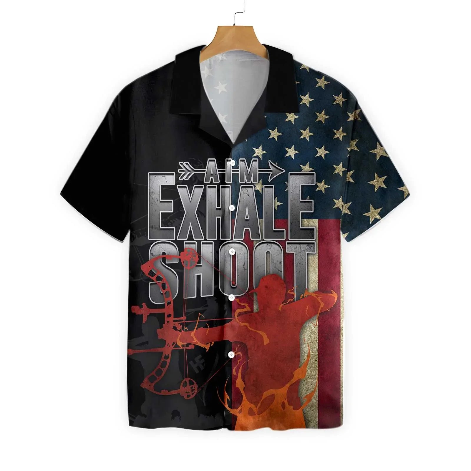 Archery American Flag Hawaiian Shirt, Aim Exhale Shoot Aloha Shirt For Men Women, Perfect Gift For Archery Lovers, Patriots, 4th Of July