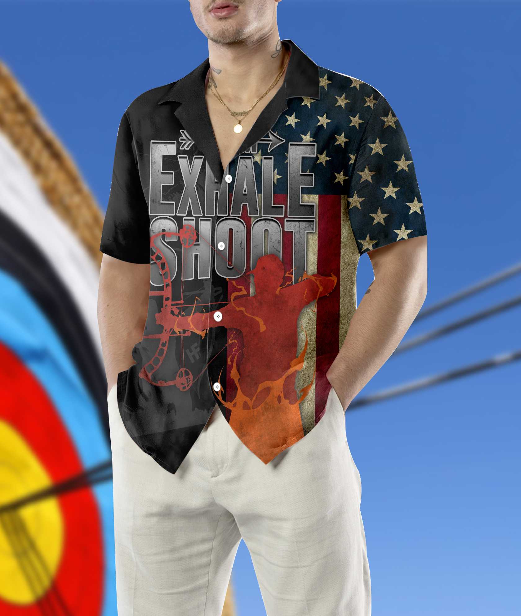Archery American Flag Hawaiian Shirt, Aim Exhale Shoot Aloha Shirt For Men Women, Perfect Gift For Archery Lovers, Patriots, 4th Of July