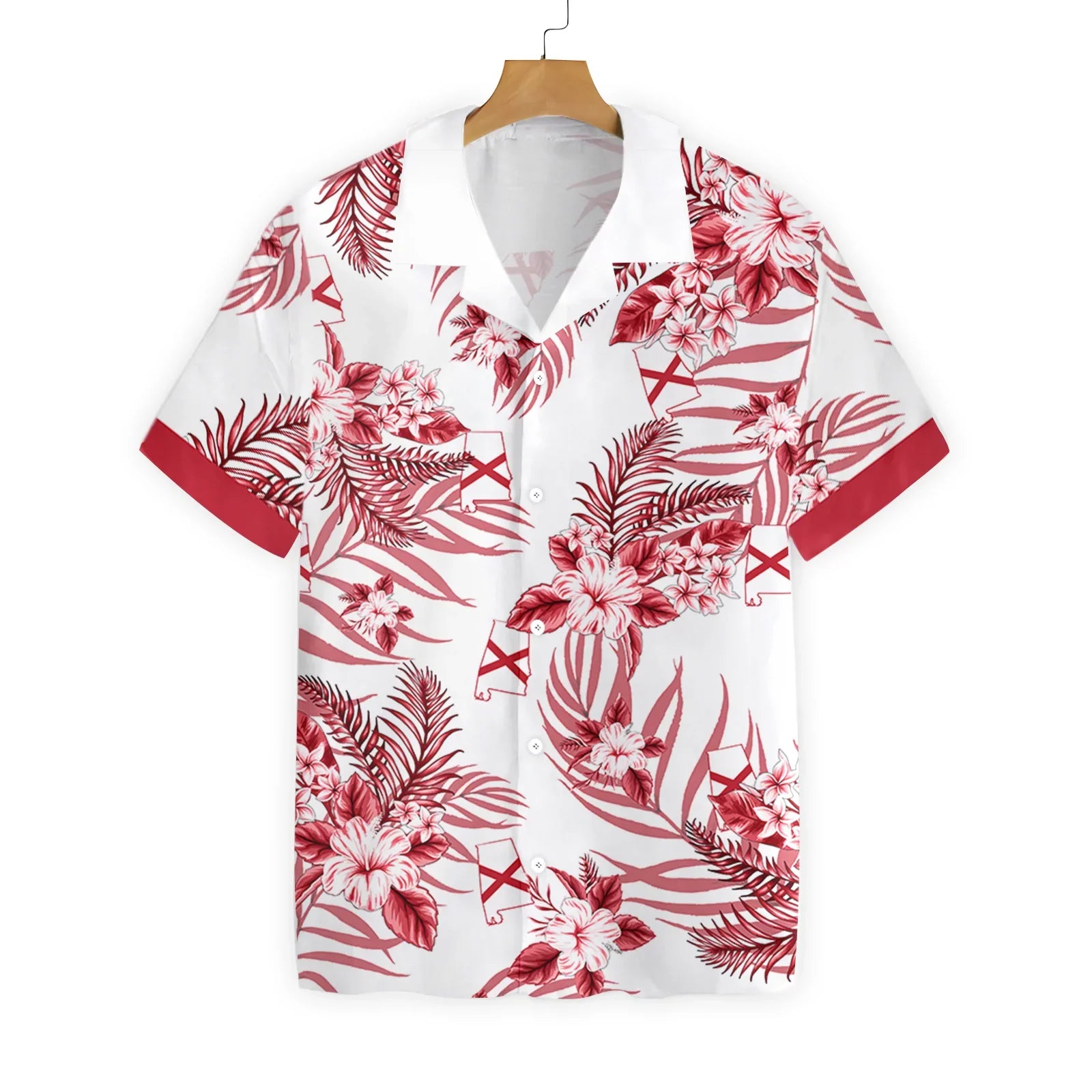 Red Tropical Flower Alabama Flag Hawaiian Shirt, Alabama Proud Aloha Shirt For Men And Women, Perfect Gift For Friends, Husband, Boyfriend, Wife, Girlfriend, Family