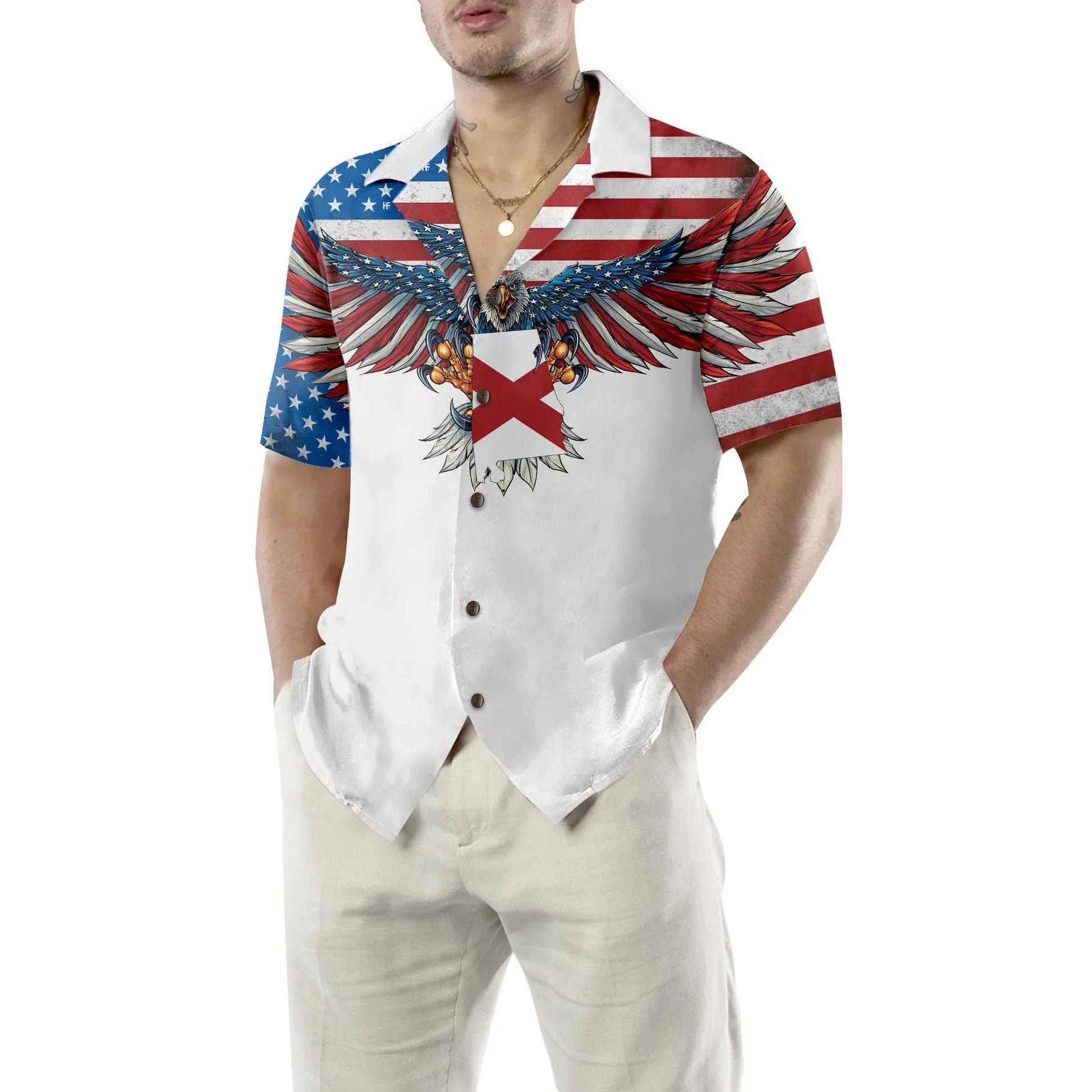 Alabama State And American Eagle Hawaiian Shirt, Unique Alabama US Flag Aloha Shirt, Alabama Collared Shirt For Adults