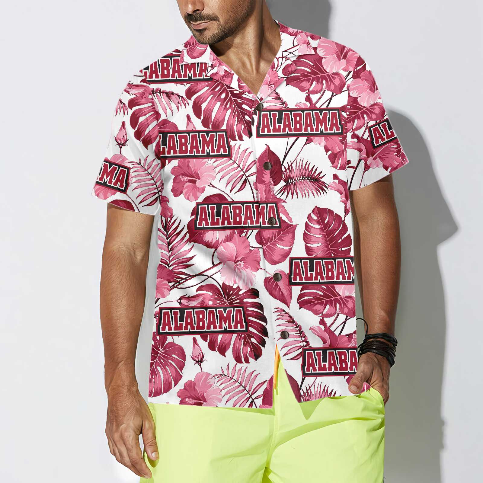 Alabama USA Red Tropical Hibiscus Hawaiian Shirt, Unique Alabama Shirt, Alabama Collared Shirt For Adults
