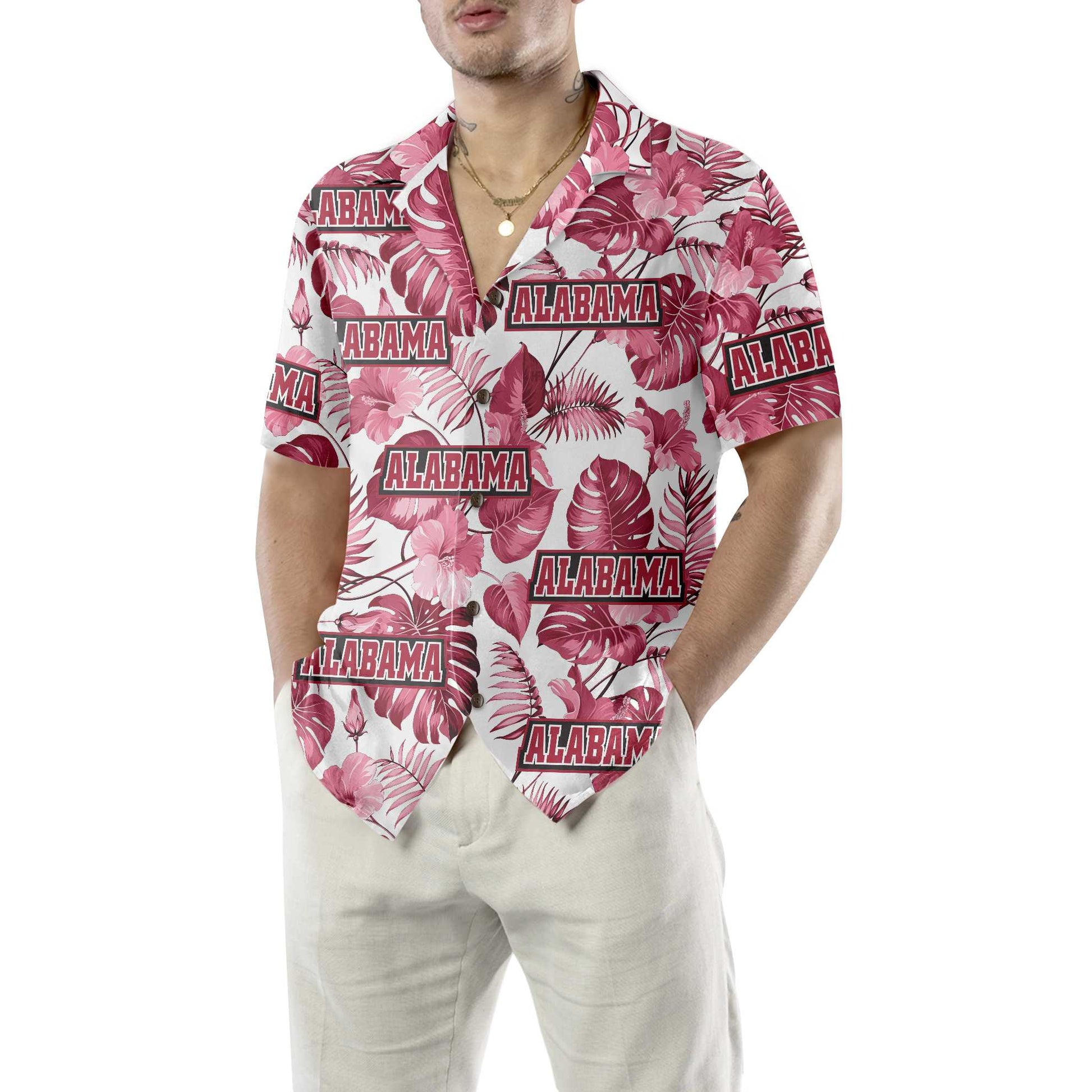 Alabama USA Red Tropical Hibiscus Hawaiian Shirt, Unique Alabama Shirt, Alabama Collared Shirt For Adults