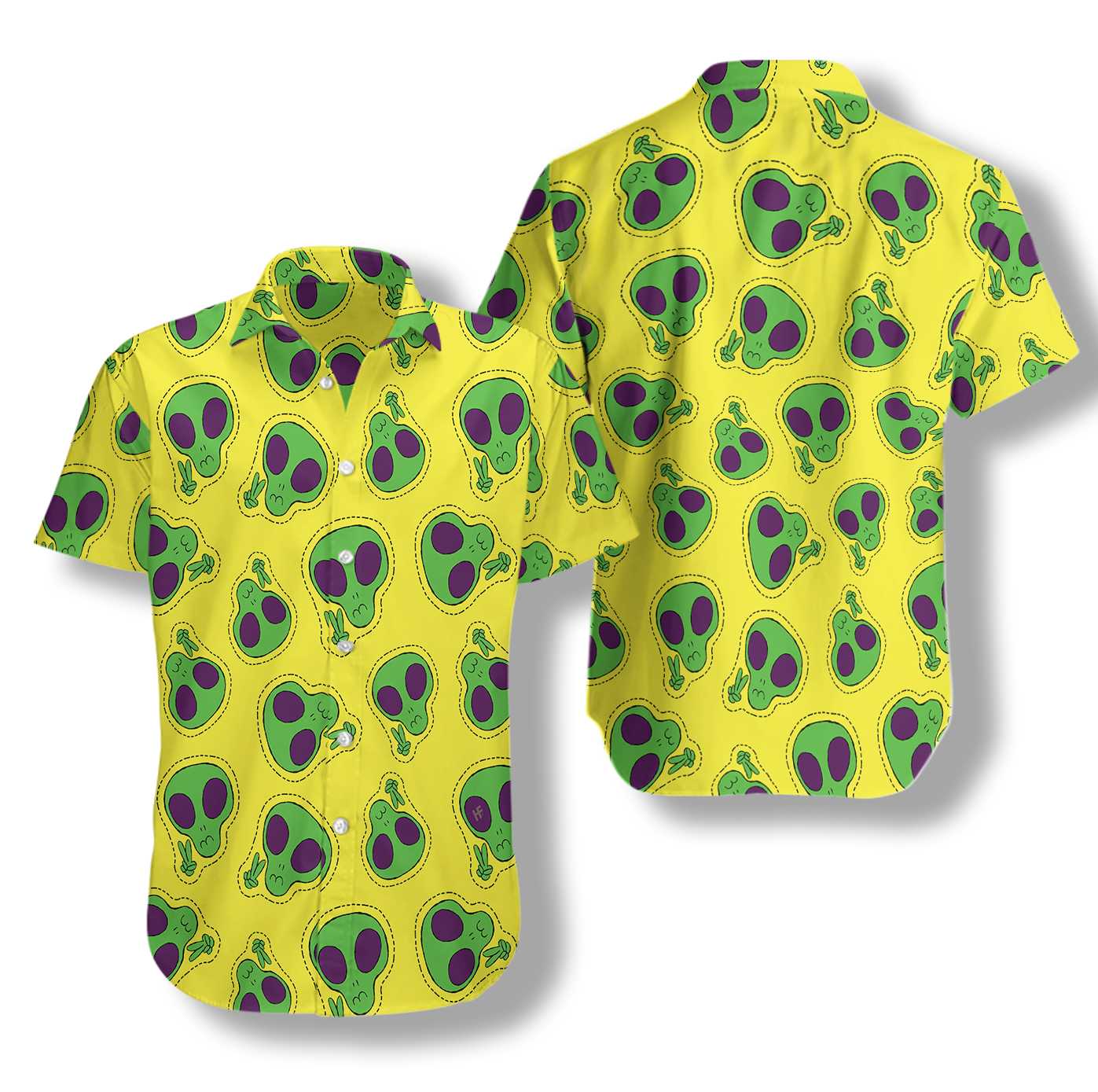 Alien Face Patch Hawaiian Shirt, Yellow Aloha Shirt For Men And Women, Perfect Gift For Friends, Husband, Boyfriend, Wife, Girlfriend, Family
