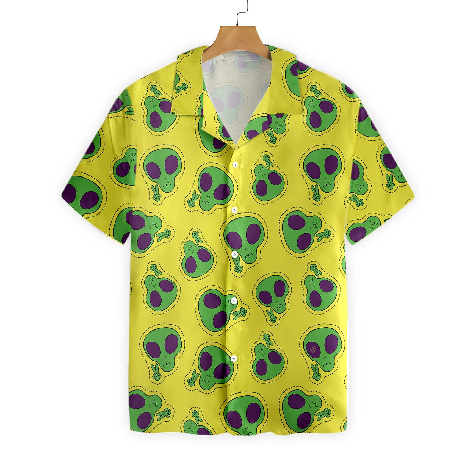 Alien Face Patch Hawaiian Shirt, Yellow Aloha Shirt For Men And Women, Perfect Gift For Friends, Husband, Boyfriend, Wife, Girlfriend, Family