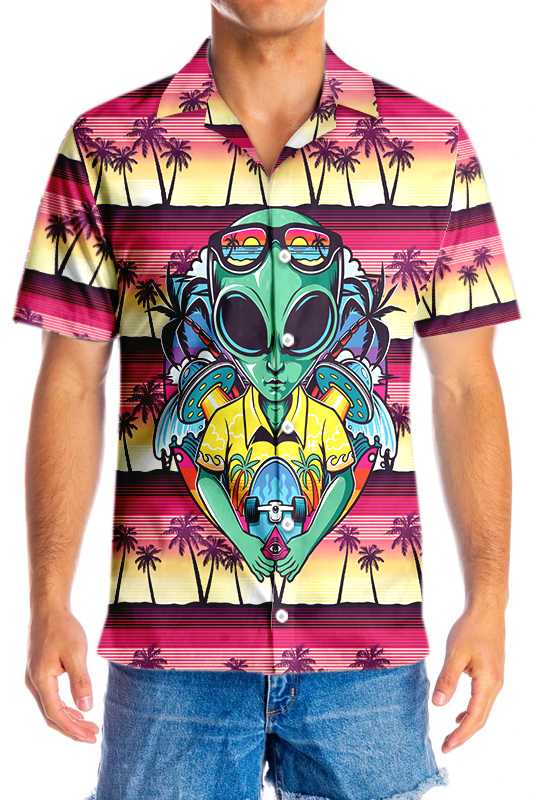 Alien With Skate Hawaiian Shirt, Palm Tree Aloha Shirt For Men, Perfect Gift For Friends, Husband, Boyfriend, Family