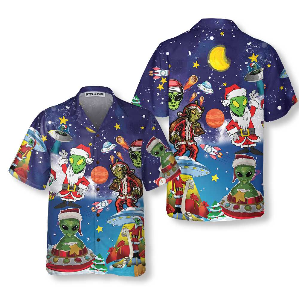 Aliens In Santa Costume Hawaiian Shirt, Funny Christmas Aloha Shirt For Men, Perfect Gift For Friends, Husband, Boyfriend, Family