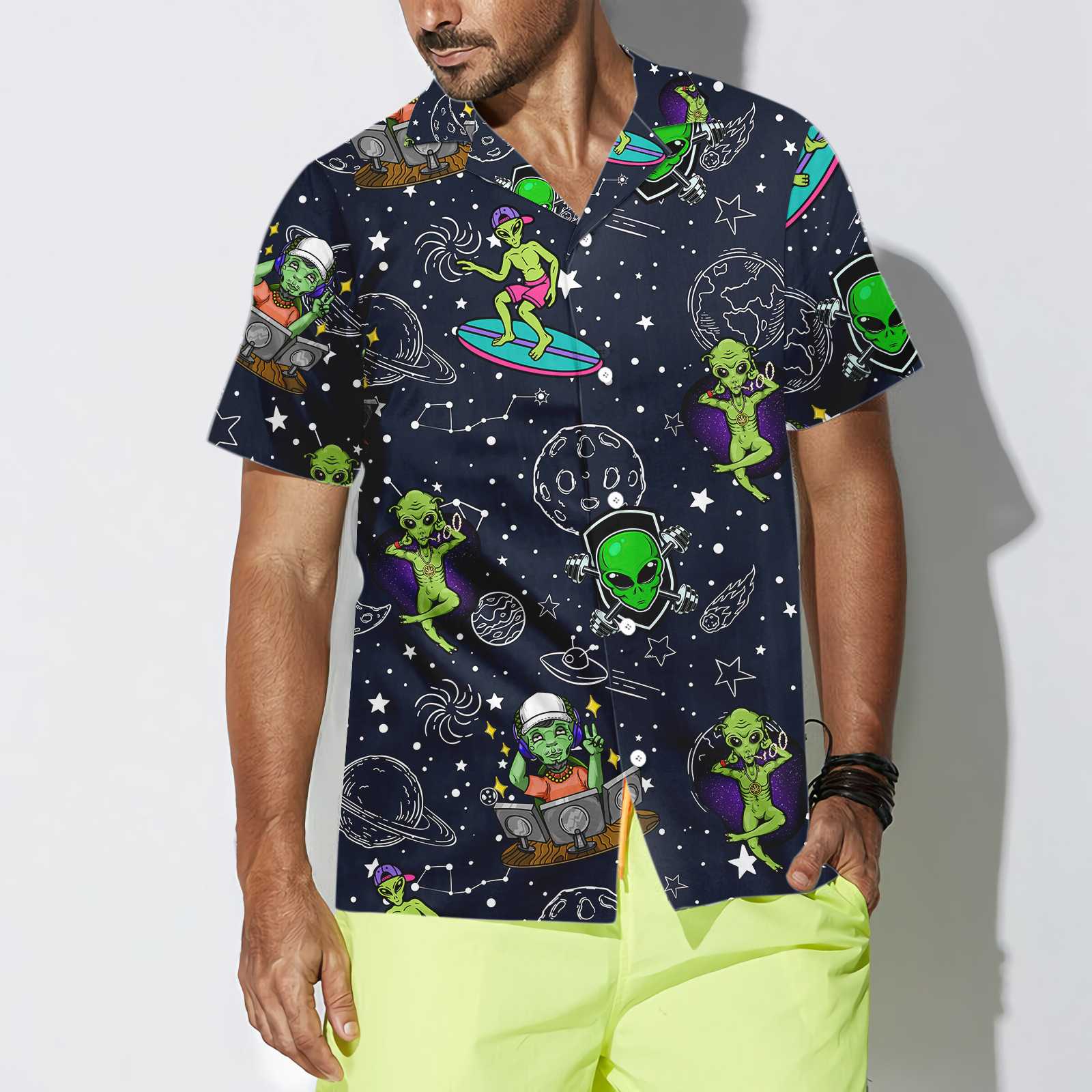 Aliens Night Sky Hawaiian Shirt, Planet Aloha Shirt For Men And Women, Perfect Gift For Friends, Husband, Boyfriend, Wife, Girlfriend, Family
