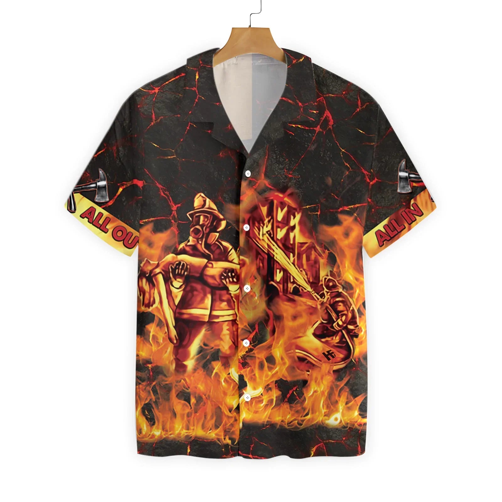 All In All Out In Fire Firefighter Hawaiian Shirt, Fire Truck On Flame Firefighter Aloha Shirt For Men, Perfect Gift For Firefighter