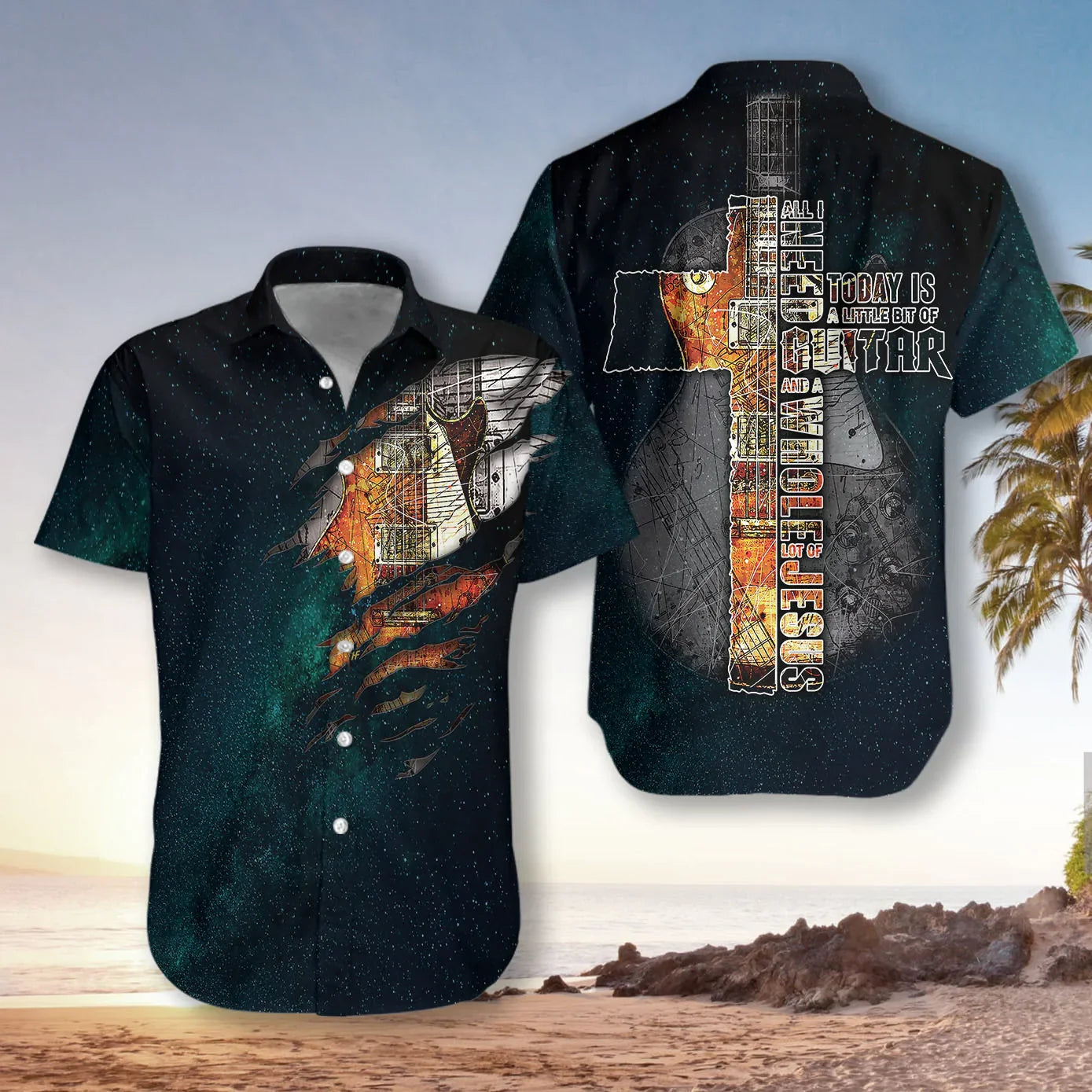 Guitar Night Sky Hawaiian Shirt, All I Need Today Is A Little Bit Of Guitar Aloha Shirt For Men And Women, Perfect Gift For Friends, Husband, Boyfriend, Family, Wife, Girlfriend