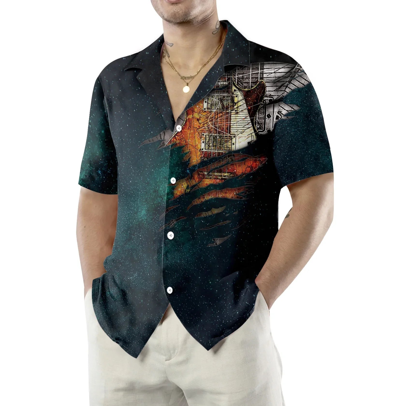 Guitar Night Sky Hawaiian Shirt, All I Need Today Is A Little Bit Of Guitar Aloha Shirt For Men And Women, Perfect Gift For Friends, Husband, Boyfriend, Family, Wife, Girlfriend