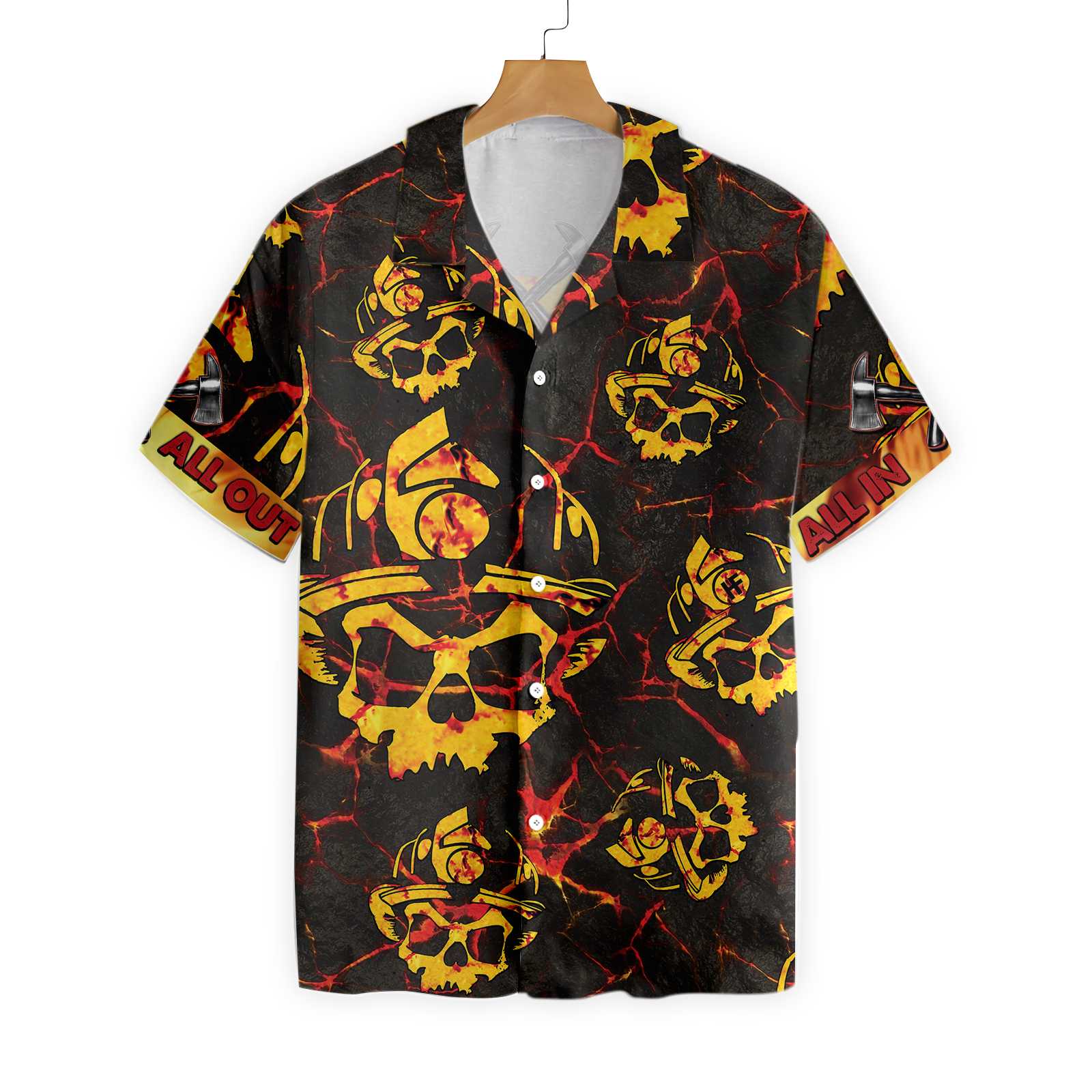 All In All Out Axe Firefighter Hawaiian Shirt, Dark Red And Yellow Skull Firefighter Aloha Shirt For Men, Perfect Gift For Firefighter