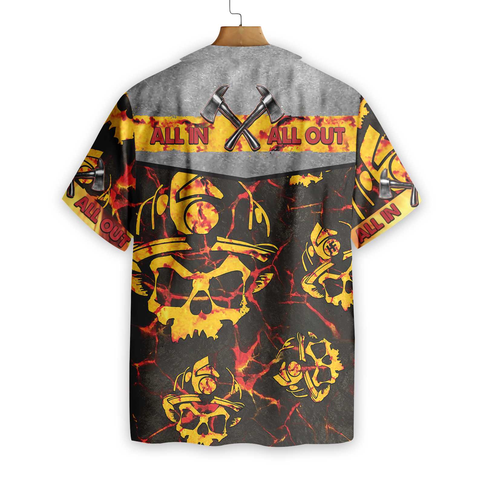 All In All Out Axe Firefighter Hawaiian Shirt, Dark Red And Yellow Skull Firefighter Aloha Shirt For Men, Perfect Gift For Firefighter