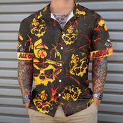 All In All Out Axe Firefighter Hawaiian Shirt, Dark Red And Yellow Skull Firefighter Aloha Shirt For Men, Perfect Gift For Firefighter