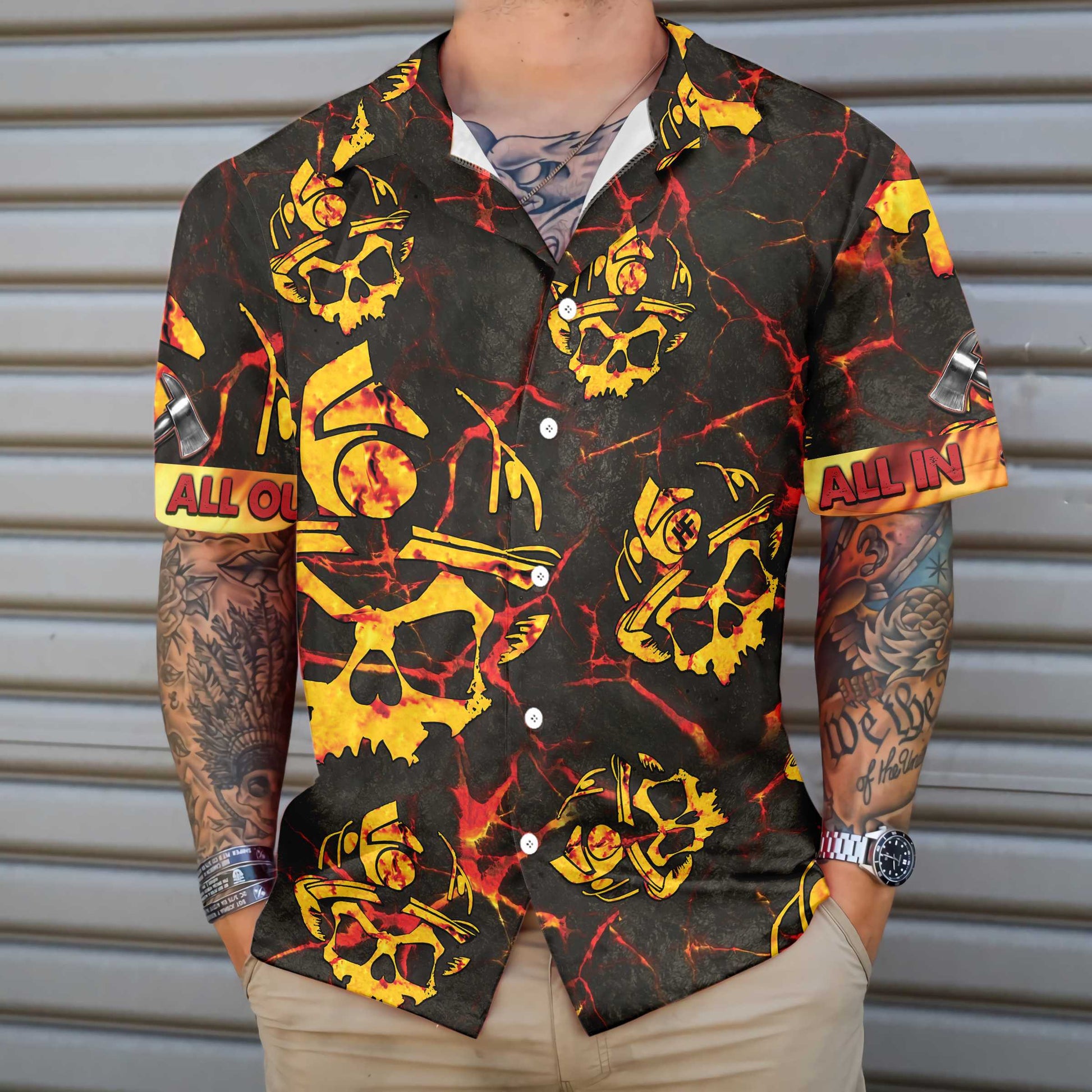 All In All Out Axe Firefighter Hawaiian Shirt, Dark Red And Yellow Skull Firefighter Aloha Shirt For Men, Perfect Gift For Firefighter