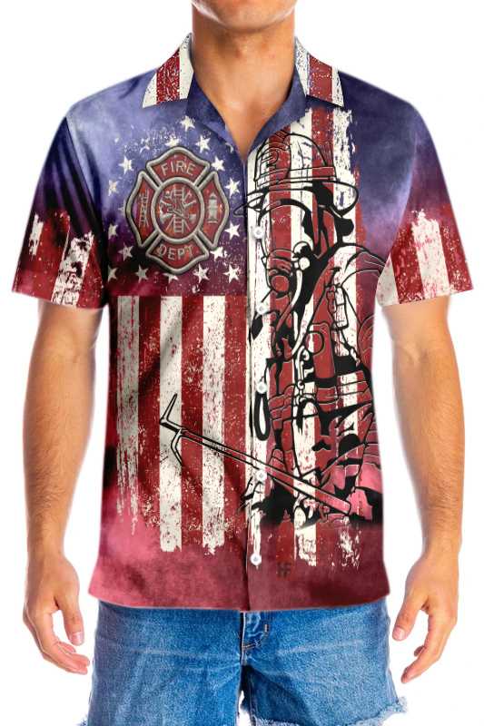 American Flag Fire Dept Firefighter Hawaiian Shirt, Fire Department Logo Firefighter Aloha Shirt For Men, Best Gift For Firefighter