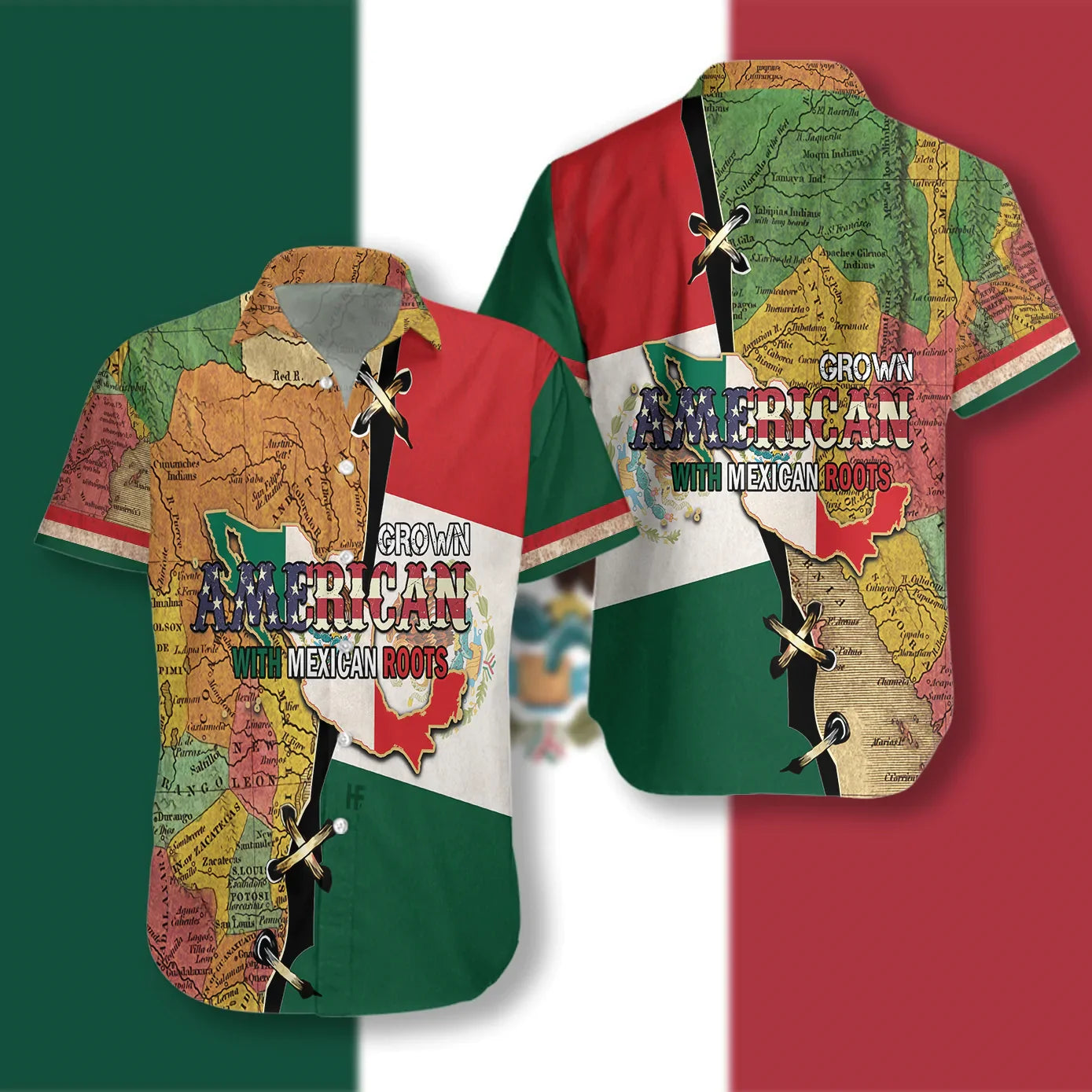 Map American Print USA Flag Hawaiian Shirt, Grown American With Mexican Roots Aloha Shirt For Men & Women, Best Gift For Husband, Wife, Boyfriend, Girlfriend