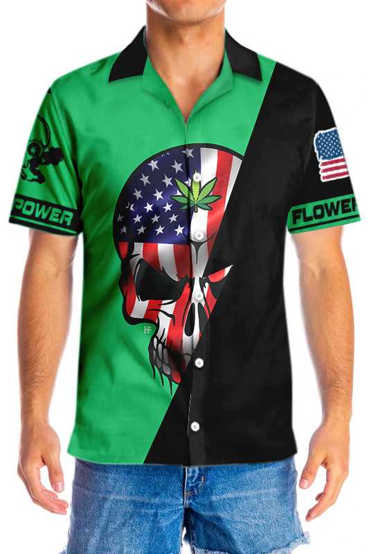 Skull American Flag Marijuana Power Hawaiian Shirt, Flower Power Aloha Shirt For Men & Women, Best Gift For Husband, Wife, Boyfriend, Girlfriend