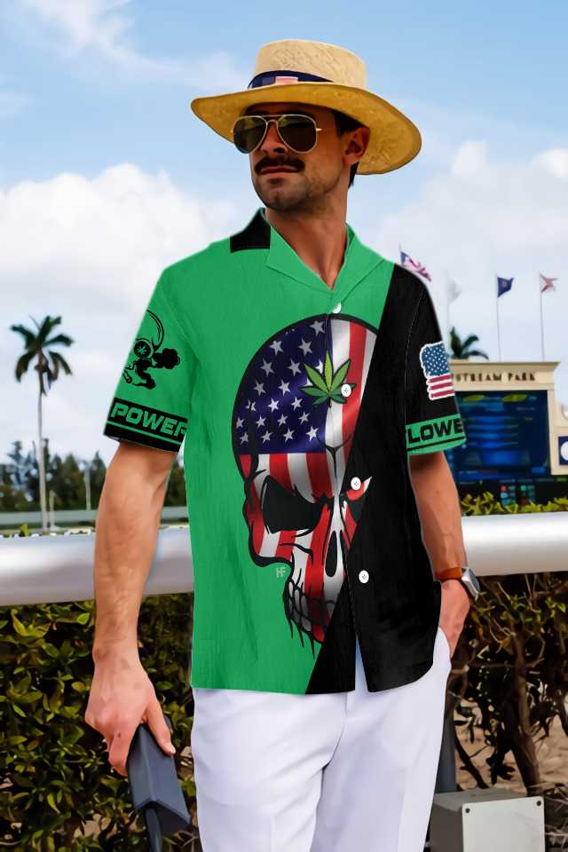 Skull American Flag Marijuana Power Hawaiian Shirt, Flower Power Aloha Shirt For Men & Women, Best Gift For Husband, Wife, Boyfriend, Girlfriend