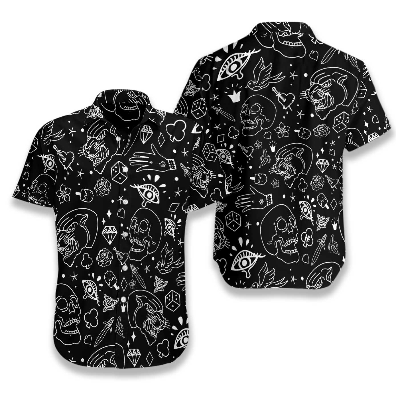American Traditional Flash Tattoo Skull Hawaiian Shirt, Symbol Tattoo Aloha Shirt For Men & Women, Best Gift For Husband, Wife, Boyfriend, Girlfriend