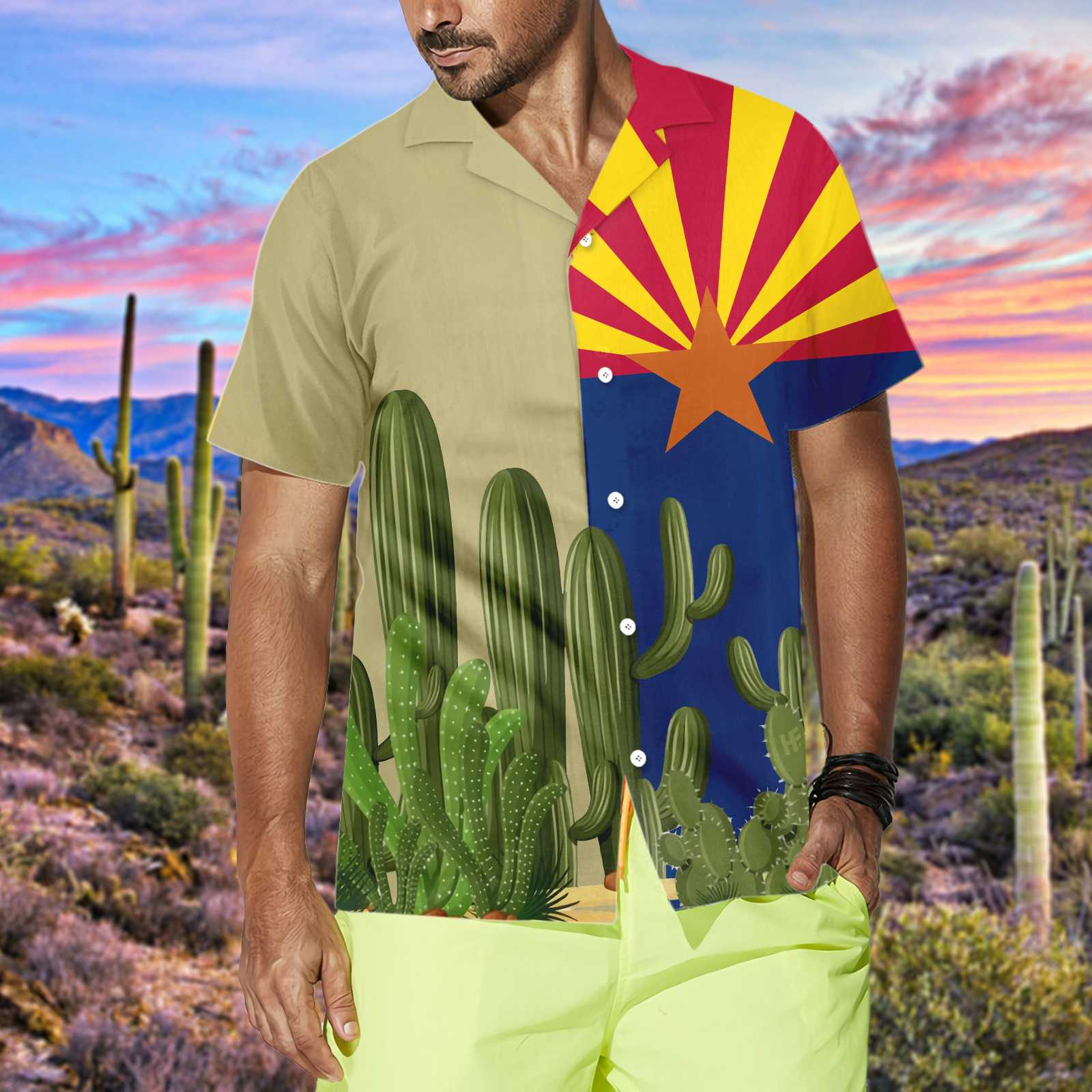 Arizona Flag Saguaro Hawaiian Shirt, Cactus Aloha Shirt For Men & Women, Best Gift For Summer, Husband, Wife, Boyfriend, Girlfriend