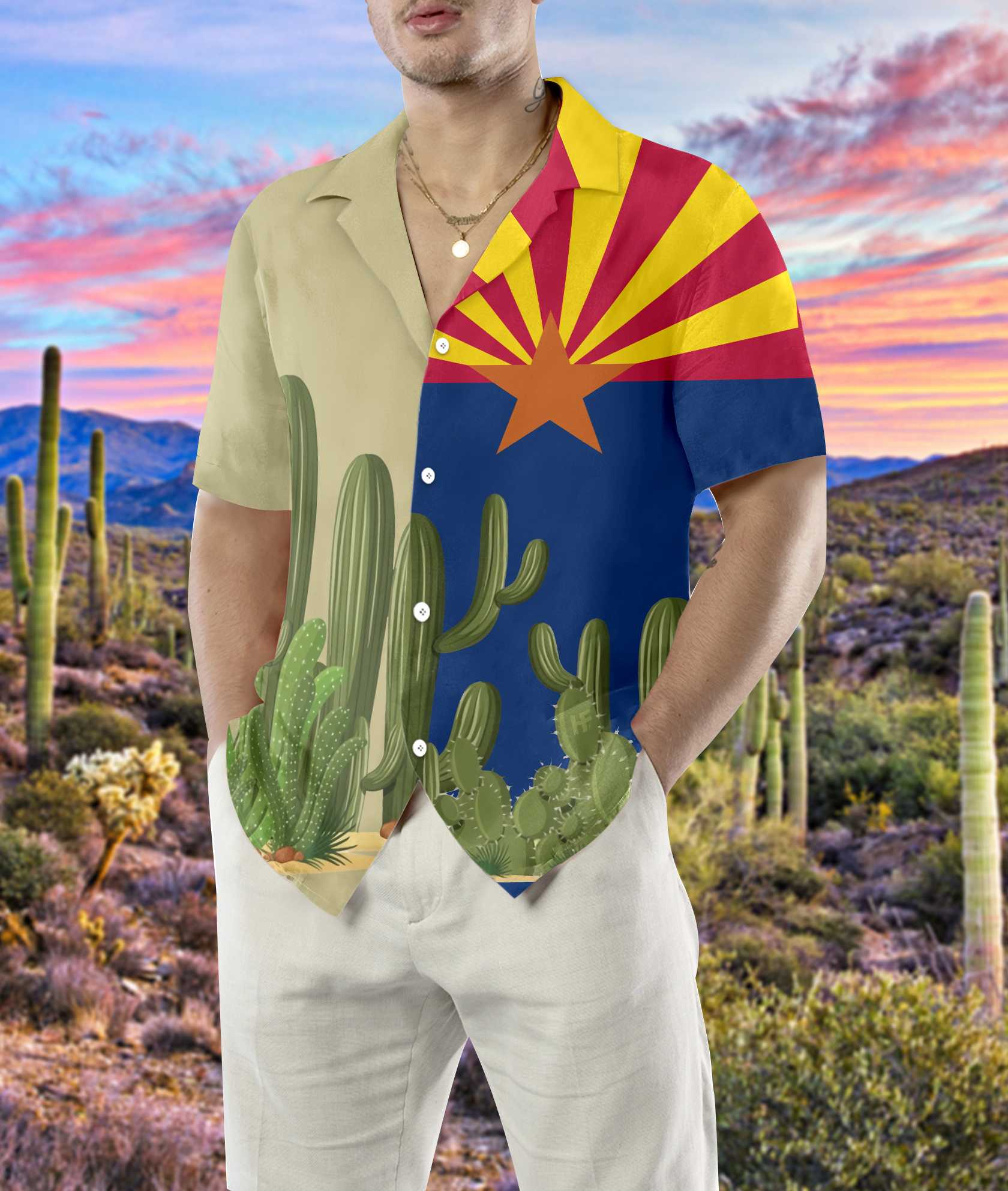 Arizona Flag Saguaro Hawaiian Shirt, Cactus Aloha Shirt For Men & Women, Best Gift For Summer, Husband, Wife, Boyfriend, Girlfriend