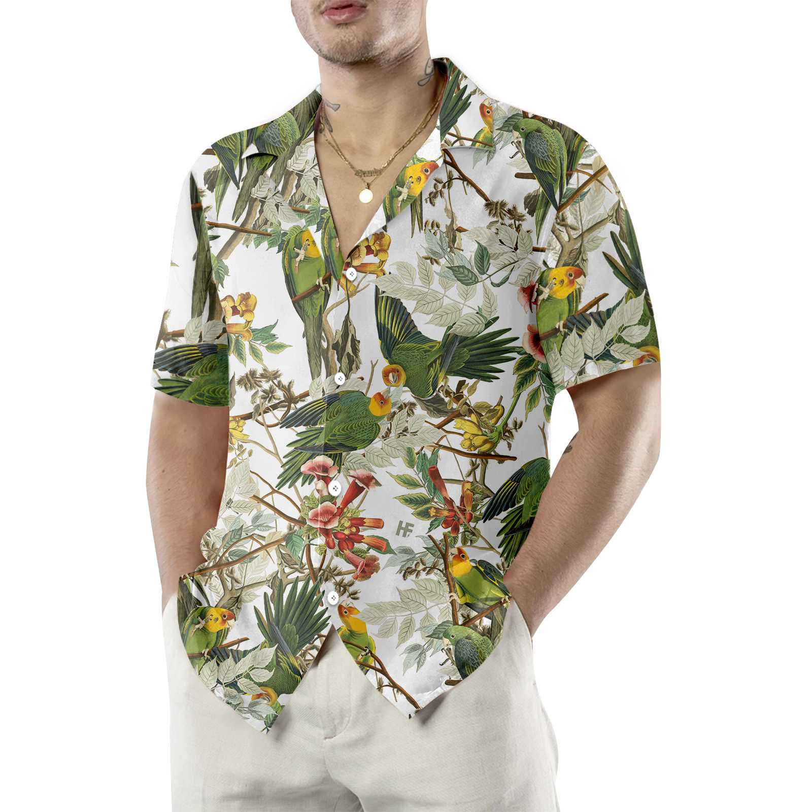 Audubon Carolina Parrot Hawaiian Shirt, Tropical Flower Aloha Shirt For Men & Women, Best Gift For Summer, Husband, Wife, Boyfriend, Girlfriend