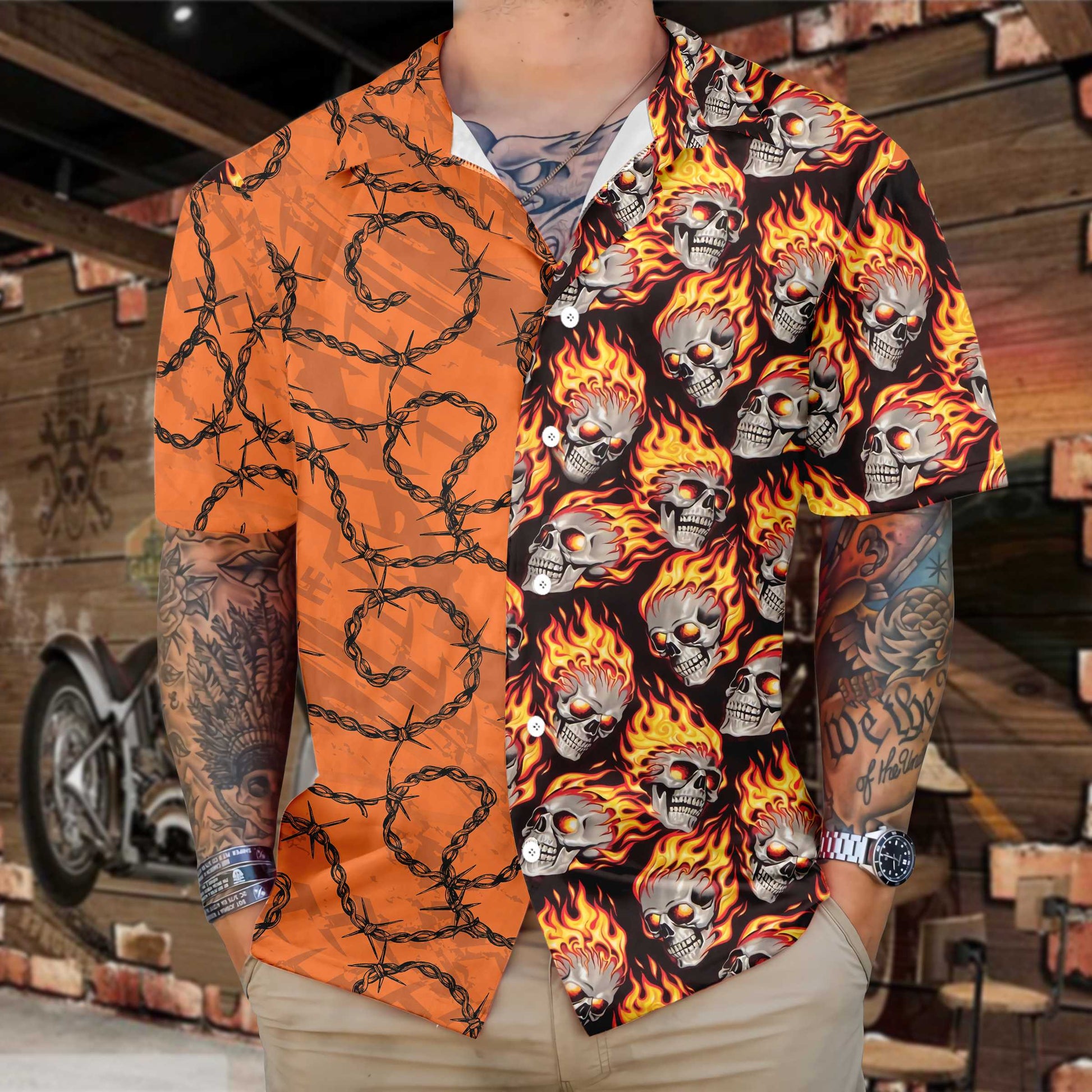 Barbwire Fire Skull Biker Motorcycle Hawaiian Shirt, Biker Aloha Shirt Summer For Men, Unique Gift For Bikers, Summer, Husband, Boyfriend