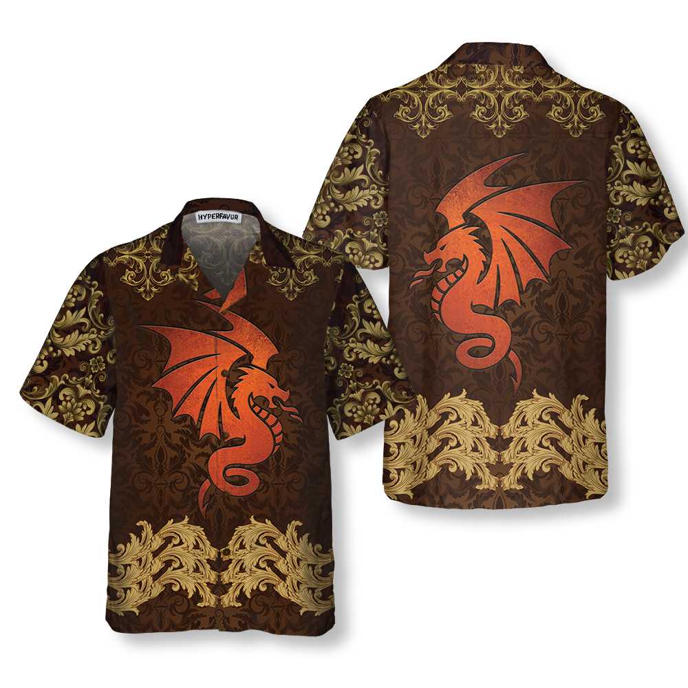 Baroque Dark Brown Dragon Hawaiian Shirt, Vintage Pattern Dragon Aloha Shirt Summer For Men, Best Gift For Dragon Lovers, Summer, Husband, Boyfriend