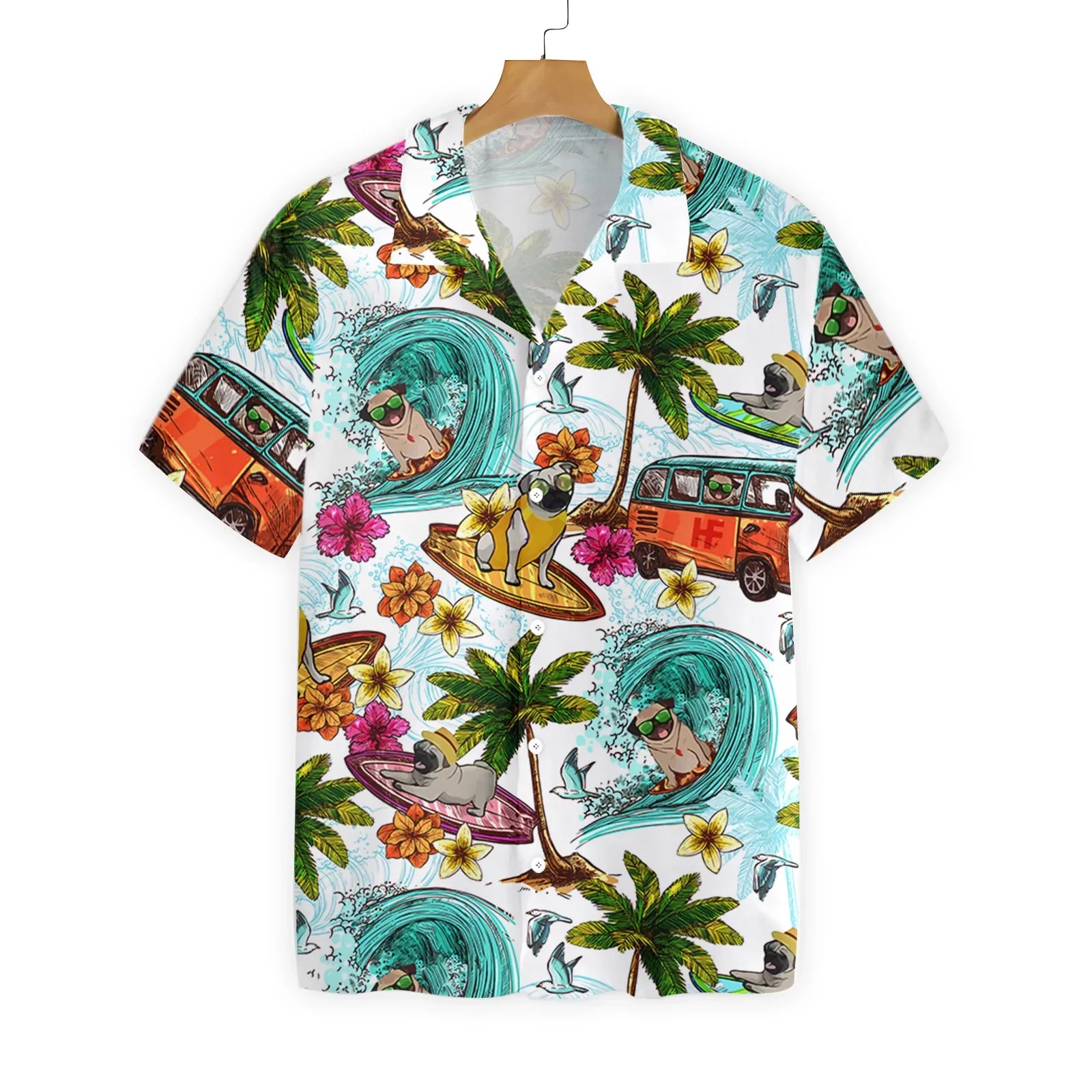 Beach Pugs Hawaiian Shirt, Pugs Surfing On Beach, Tropical Summer Aloha Shirt For Men And Women- Perfect Gift For Pug Lovers, Friends, Husband, Boyfriend, Family