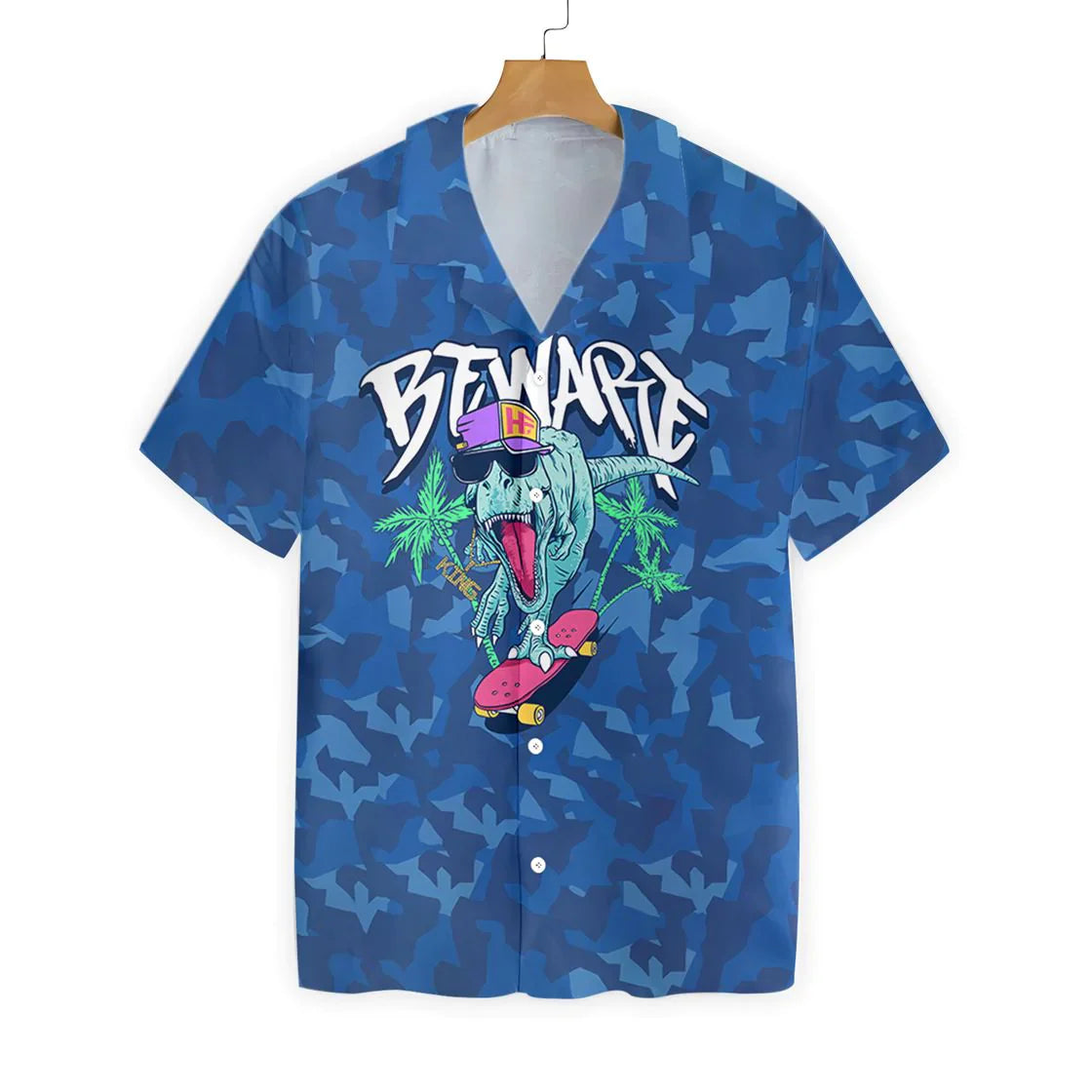 Beware T-Rex Skating Dinosaur Hawaiian Shirt, Dinosaur Surfing On Blue Beach, Summer Beach Aloha Shirt For Men, Perfect Gift For Summer, Beach Lovers, Friends, Husband, Boyfriend, Family